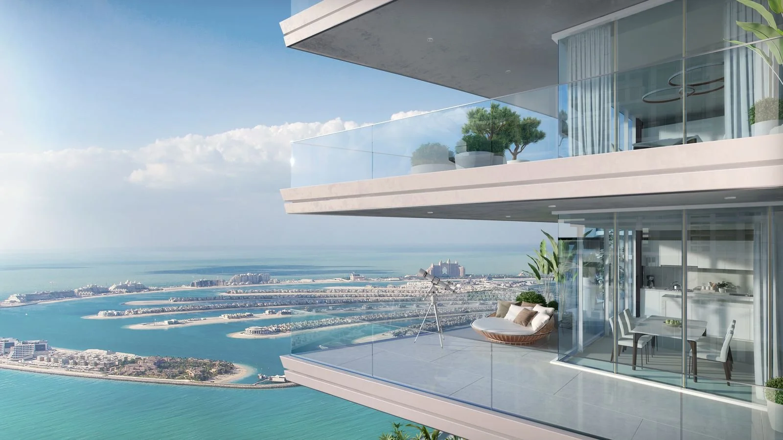 Modern high-rise balcony overlooking a coastal city skyline with buildings, water, and a cruise ship in the distance. The balcony has glass railings, outdoor furniture, and potted plants.