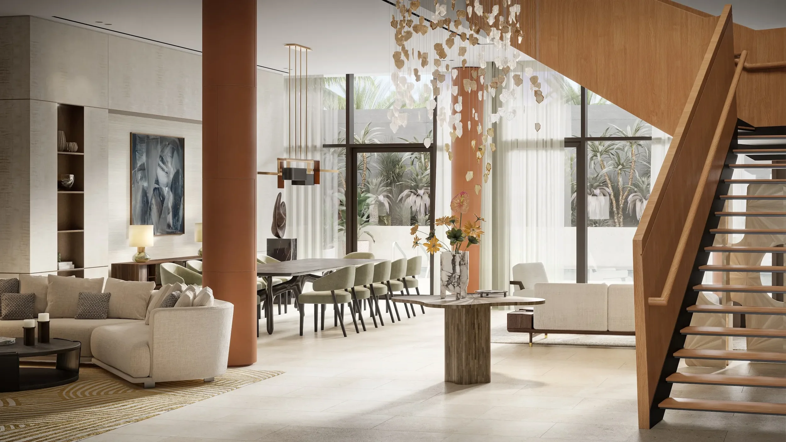 Luxurious living room with beige sectional sofa, oval black coffee table, dining area with a long table and multiple chairs, large windows with sheer curtains, modern hanging chandelier, decorative floral arrangement on a small table, abstract art on the wall, and a staircase with wooden steps and black railing.