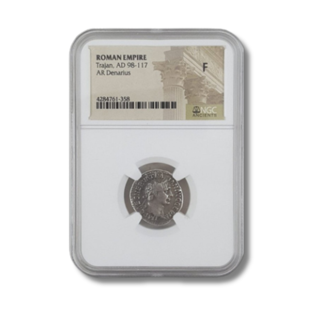 Ancient Roman coin in protective holder with label indicating Roman Empire, Trajan, AD 98-117, NGC certified.