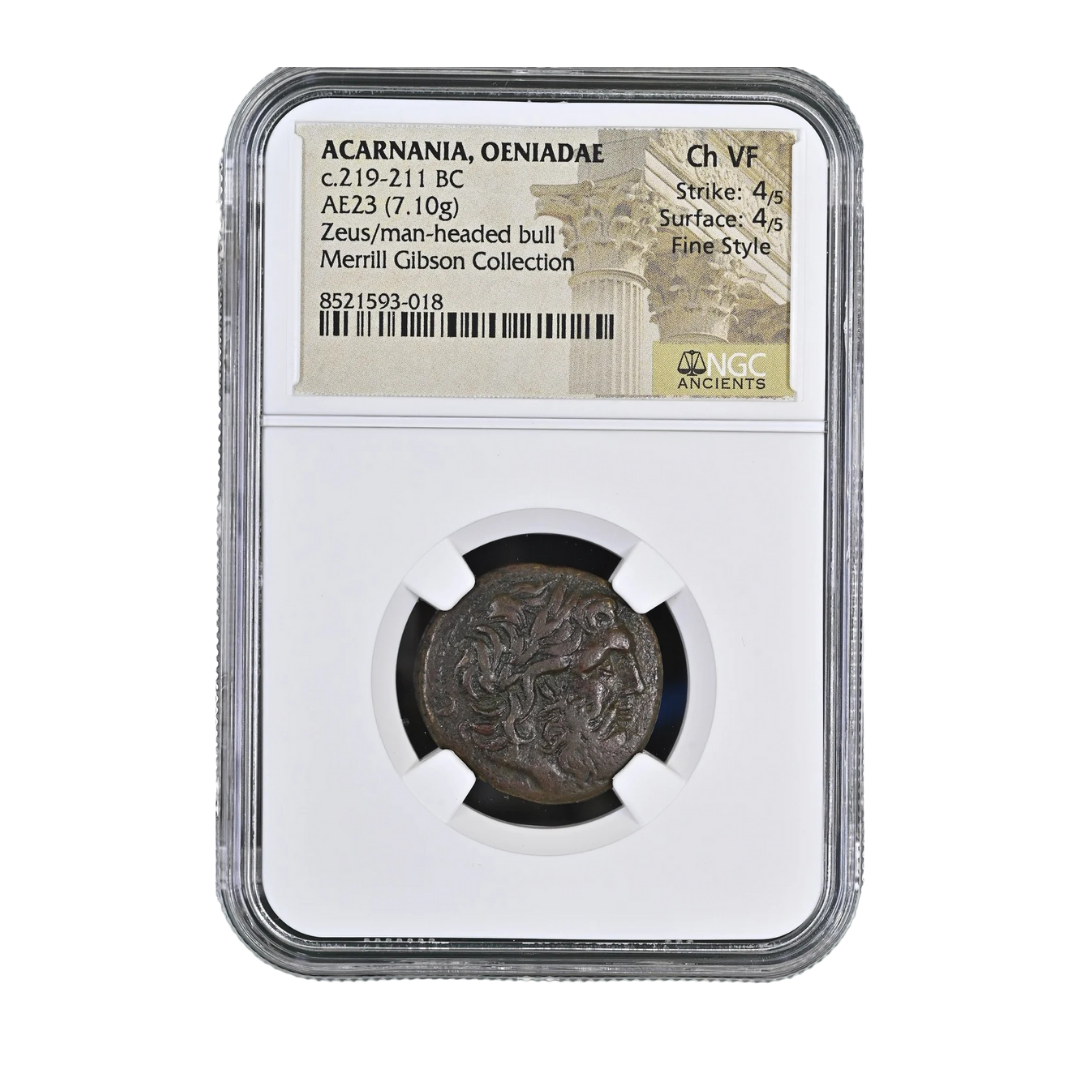 Oeniadae (Acarnania) AE23 — Zeus & the Man-Headed Bull, Power and River Myth in Bronze (c. 219–211 BC)