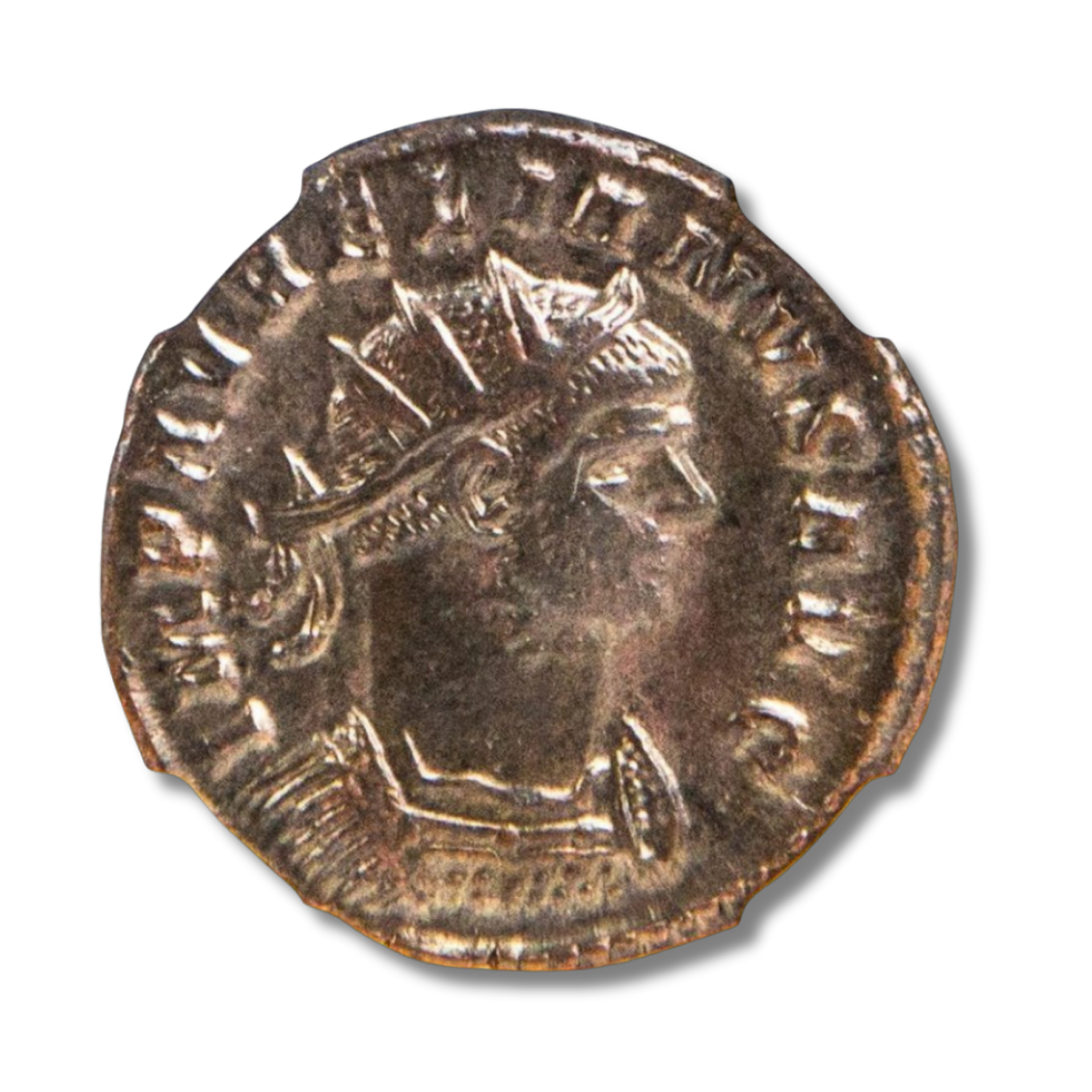 Ancient coin featuring a profile of a man wearing a crown or helmet, with surrounding Latin inscription.