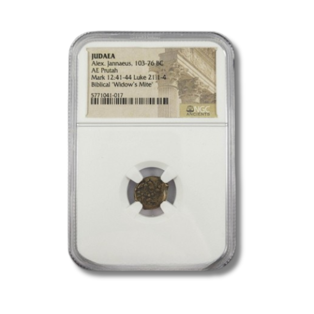 Ancient coin in a protective case with a label indicating it is from Judea, associated with Alexander Jannaeus, and depicting biblical Widow's Mite.