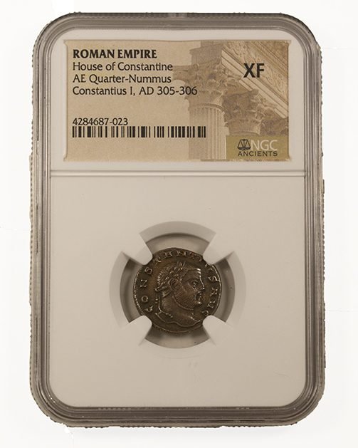 Roman Bronze AE3 Quarter-Nummus of Constantius I Chlorus (about 1,720-1,730 years ago)