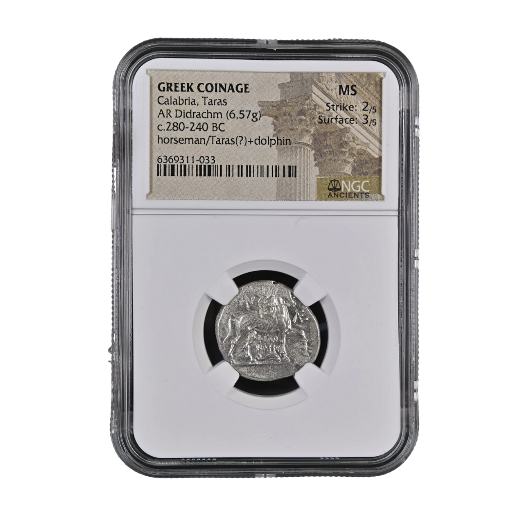 Taras (Calabria) AR Didrachm — Horseman & Dolphin, Magna Graecia at Its Height (c. 280–240 BC)