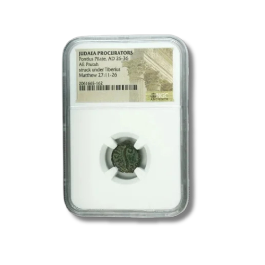 Ancient coin in a protective case with a label reading 'Judaea Procurators Pontius Pilate AD 26-36 AE Prutah struck under Tiberius Matthew 27:11-26'.