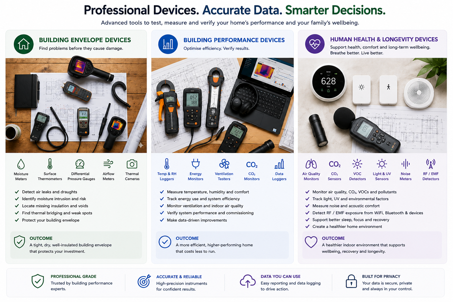 Infographic showing professional building diagnostic devices used for moisture testing, thermal imaging, ventilation analysis, indoor air quality monitoring, and human health assessment in high-performance homes.