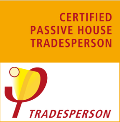Certified Passive House Tradesperson logo with yellow background and red text.
