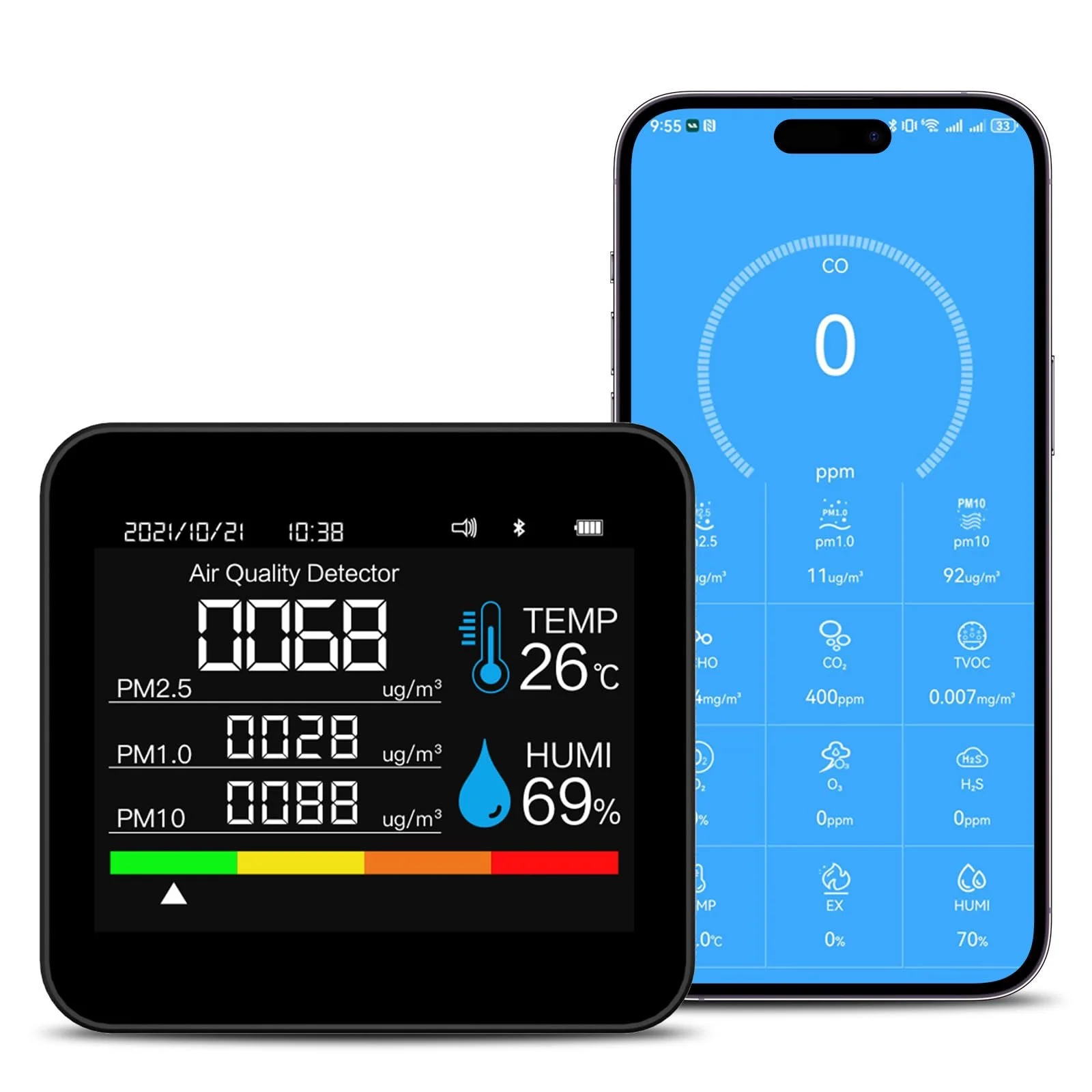 Air quality monitor and mobile app displaying particulate levels, temperature, and humidity