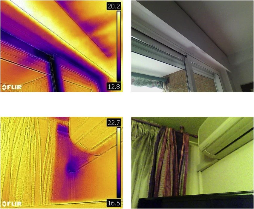 Thermal imaging showing heat loss around a window frame due to air leakage and poor sealing