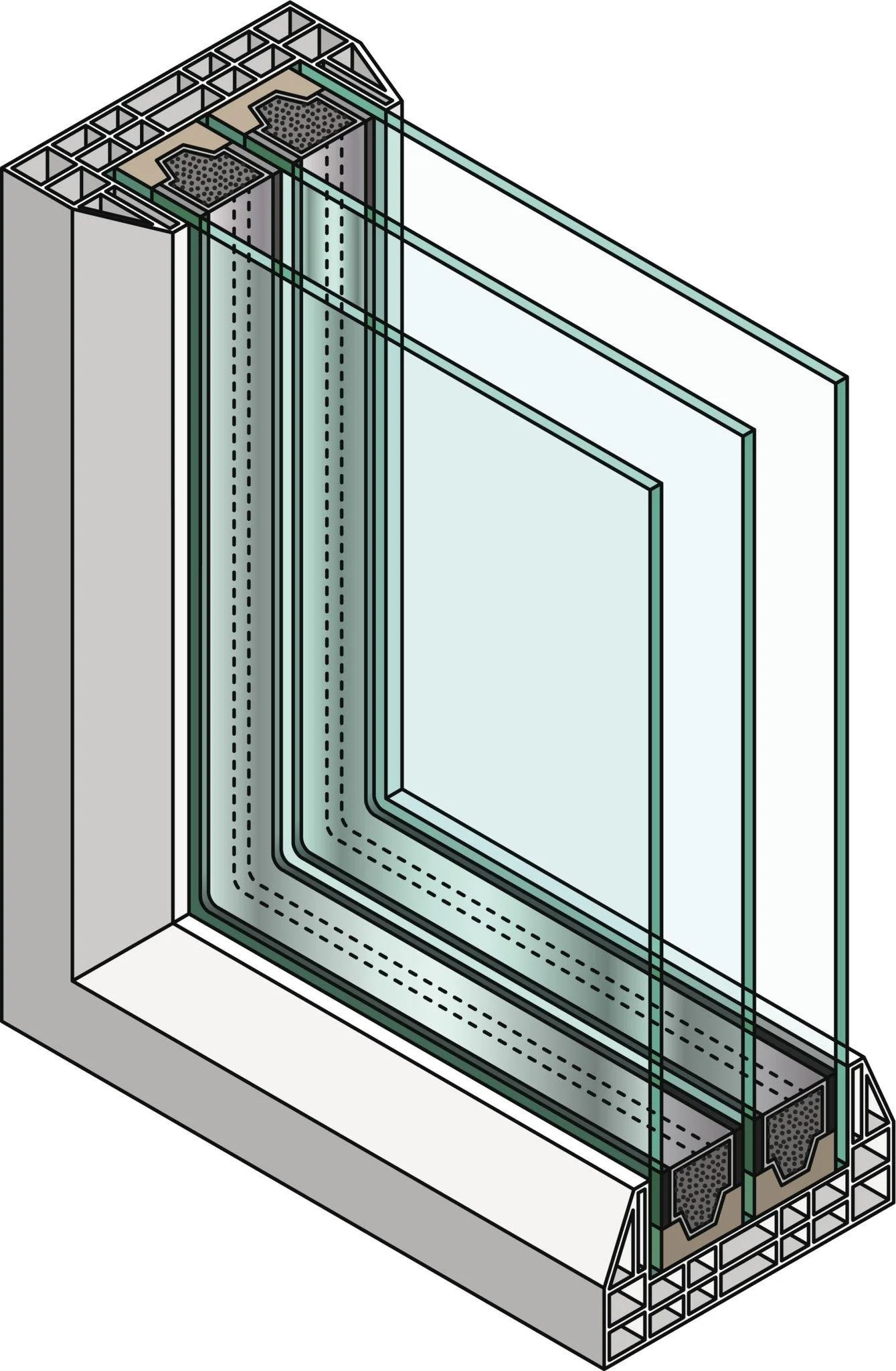 Exploded diagram of a high-performance triple glazed window unit showing multiple glass panes, gas cavities, and insulated frame construction