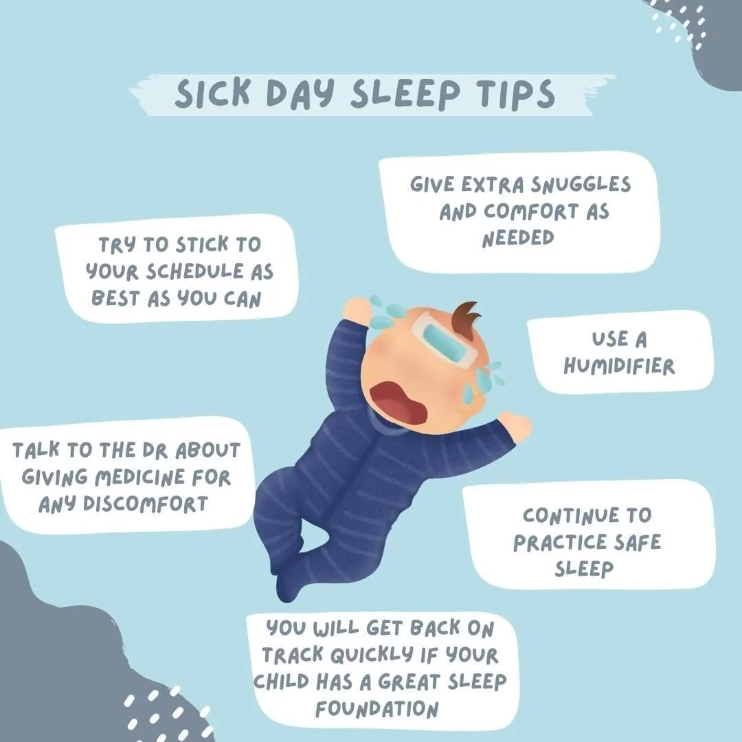 Does anyone else have a sick little one at home? 
If you are anything like us and have been battling back to back illnesses here are some sleep tips!

Once your little one is sleep trained, many clients are concerned about derailing progress. However