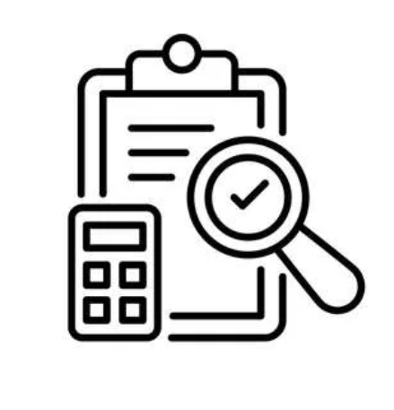 Icon of a clipboard, calculator and magnifying glass with a check mark indicating verification or analysis.