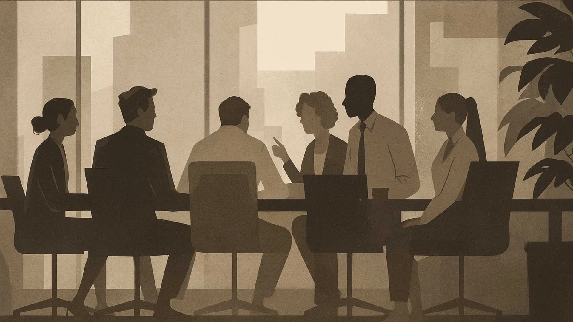 Silhouette of five people having a discussion around a conference table in an office with large windows and cityscape in the background.