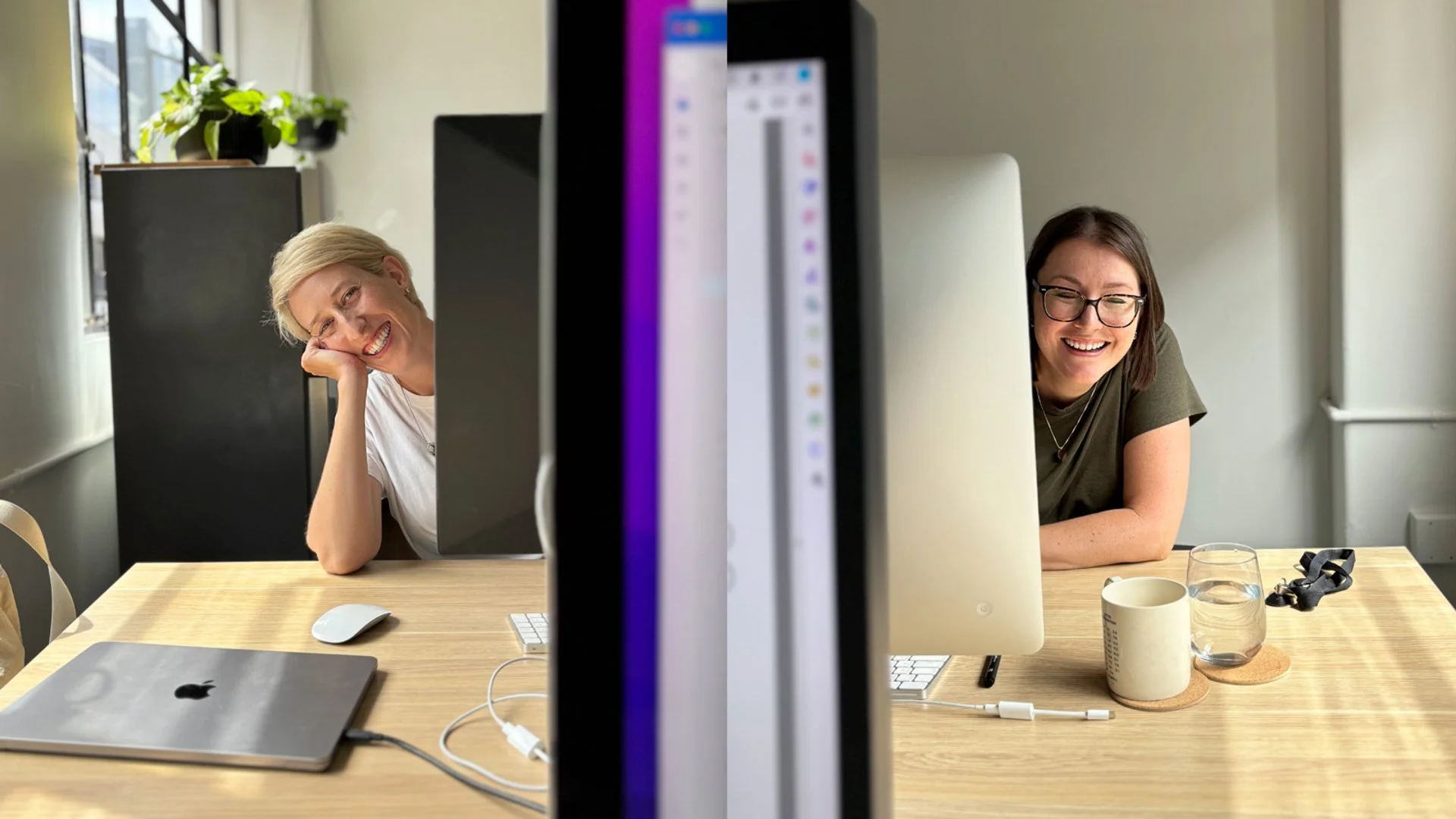 Julie Corbett and Lizzie Deller smiling from either side of a desk, celebrating their 6 year birthday as Studio Hoopla