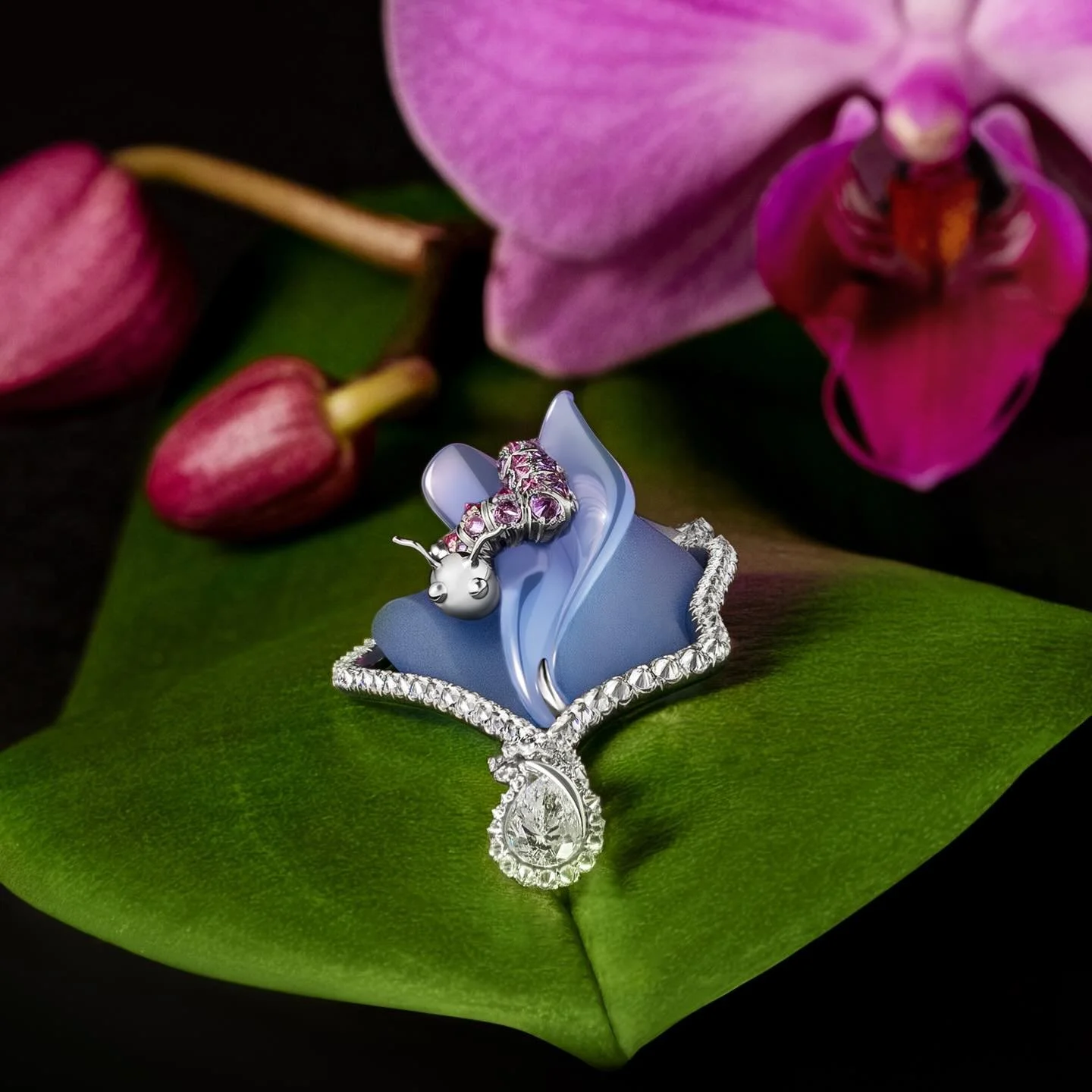 Without the humble caterpillar there would be no beautiful butterfly!🩷🐛 #calcedony #pinksapphire #platinumjewellery #handmadejewelry #oneofakindjewelry