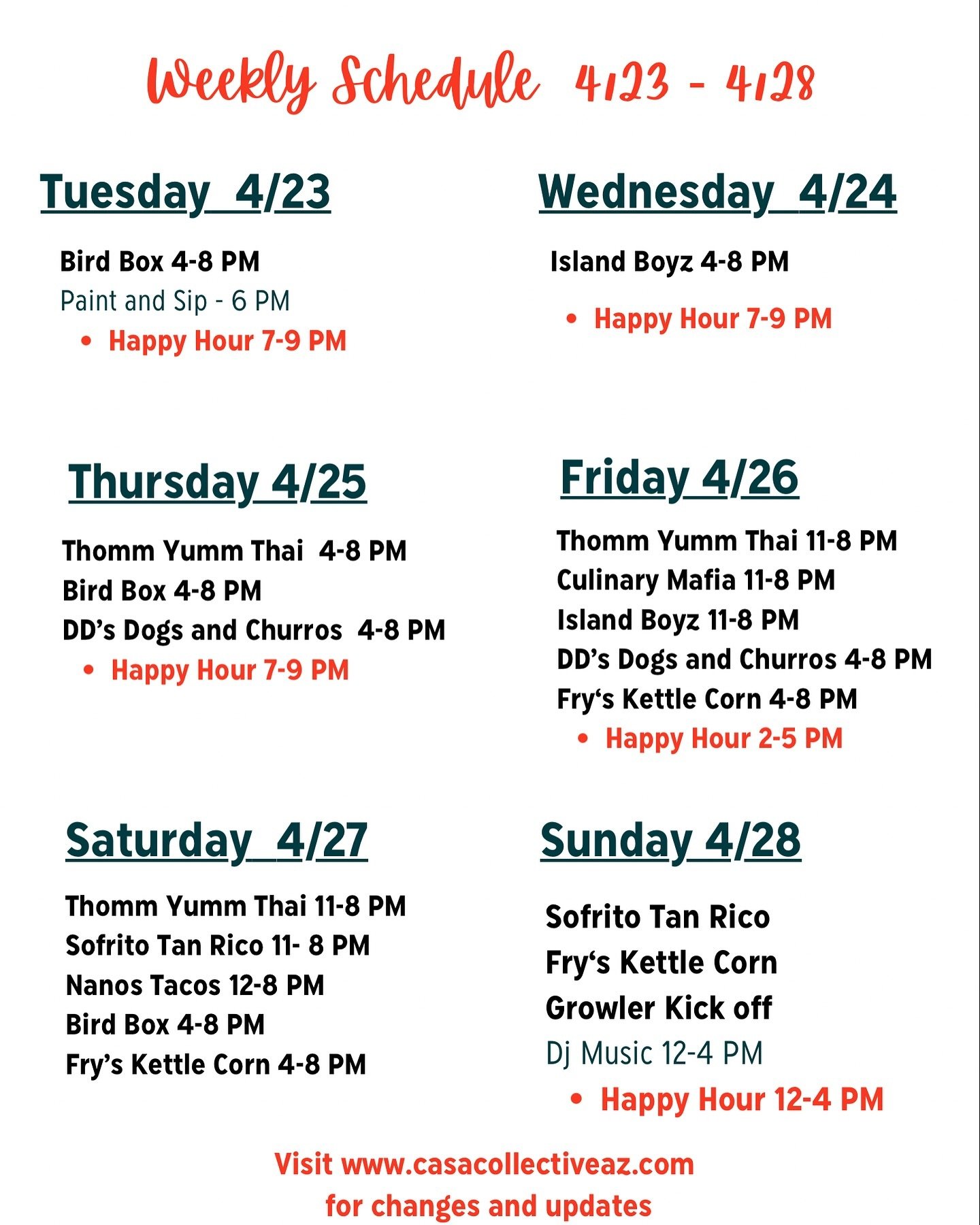 This weeks schedule! Watch for details for the growler kickoff. Have a great week.