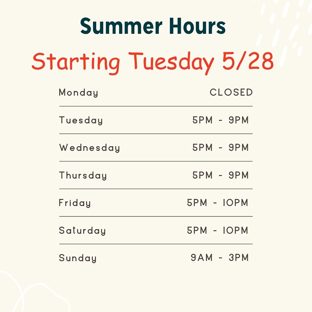 Hello gang the heat is coming! We will be starting our summer hours in just a few weeks! Our front patio will remain open for the summer, but if that doesn&rsquo;t suit you, we also have plenty of indoor seating as well! Starting Tuesday May 28th we 