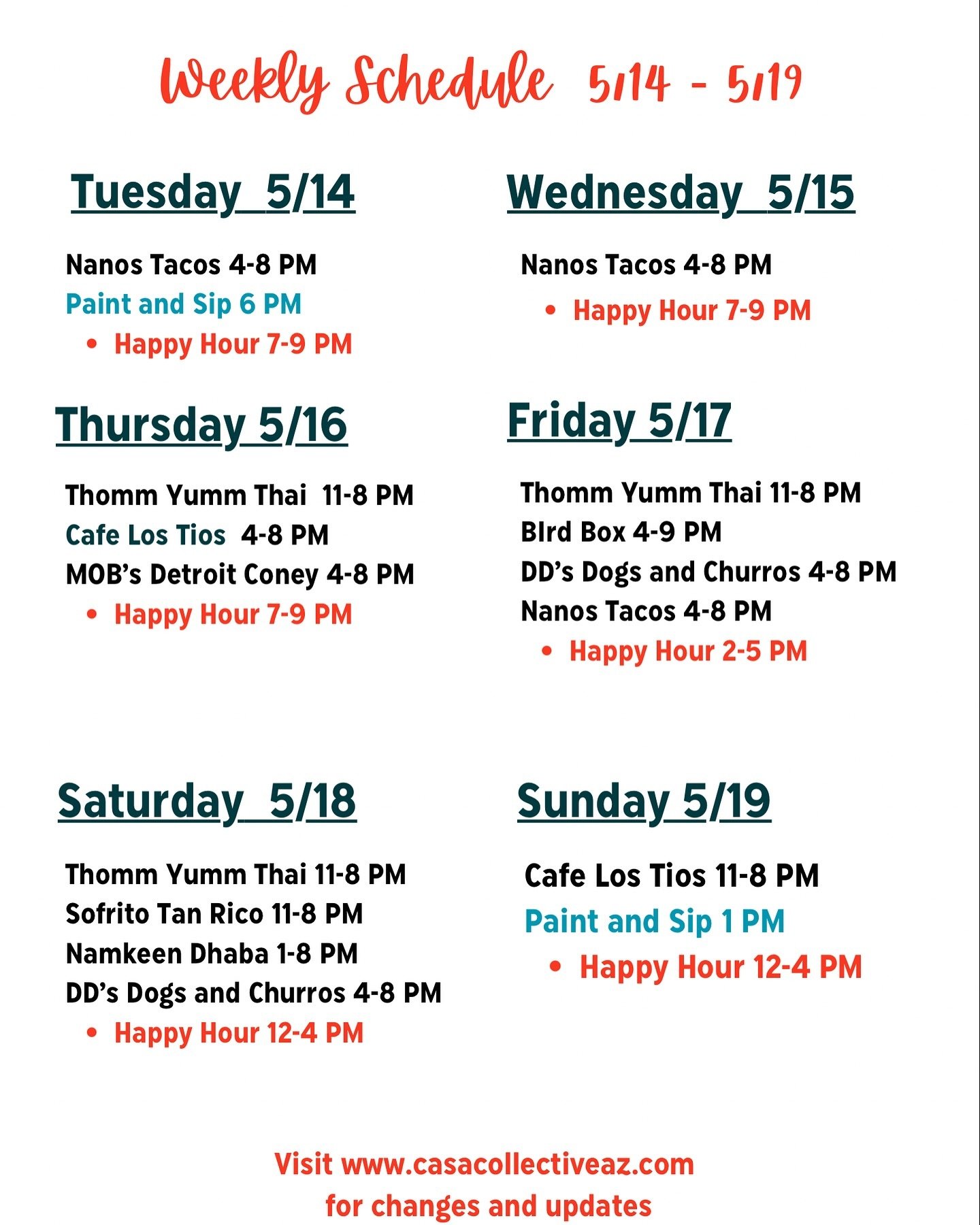 Here is this week&rsquo;s schedule! We will be starting our summer hours at the end of the month, keep a watch out for those! Our patio will stay open for the summer however, we have plenty of seats inside if sweating is not your jam!