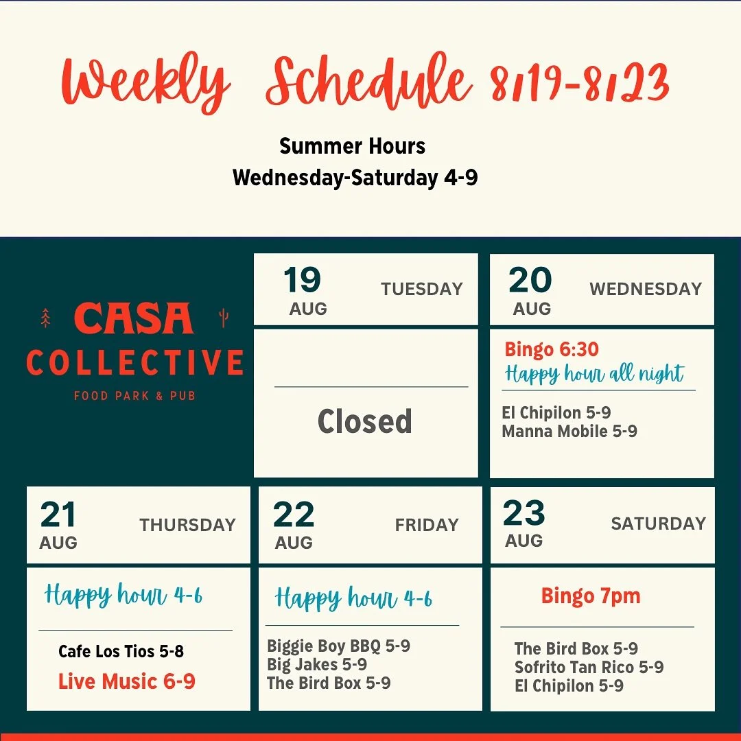 Here is our food truck &amp; events schedule for this week!!! 

#casagrandeaz #foodtrucks #bingo #livemusic