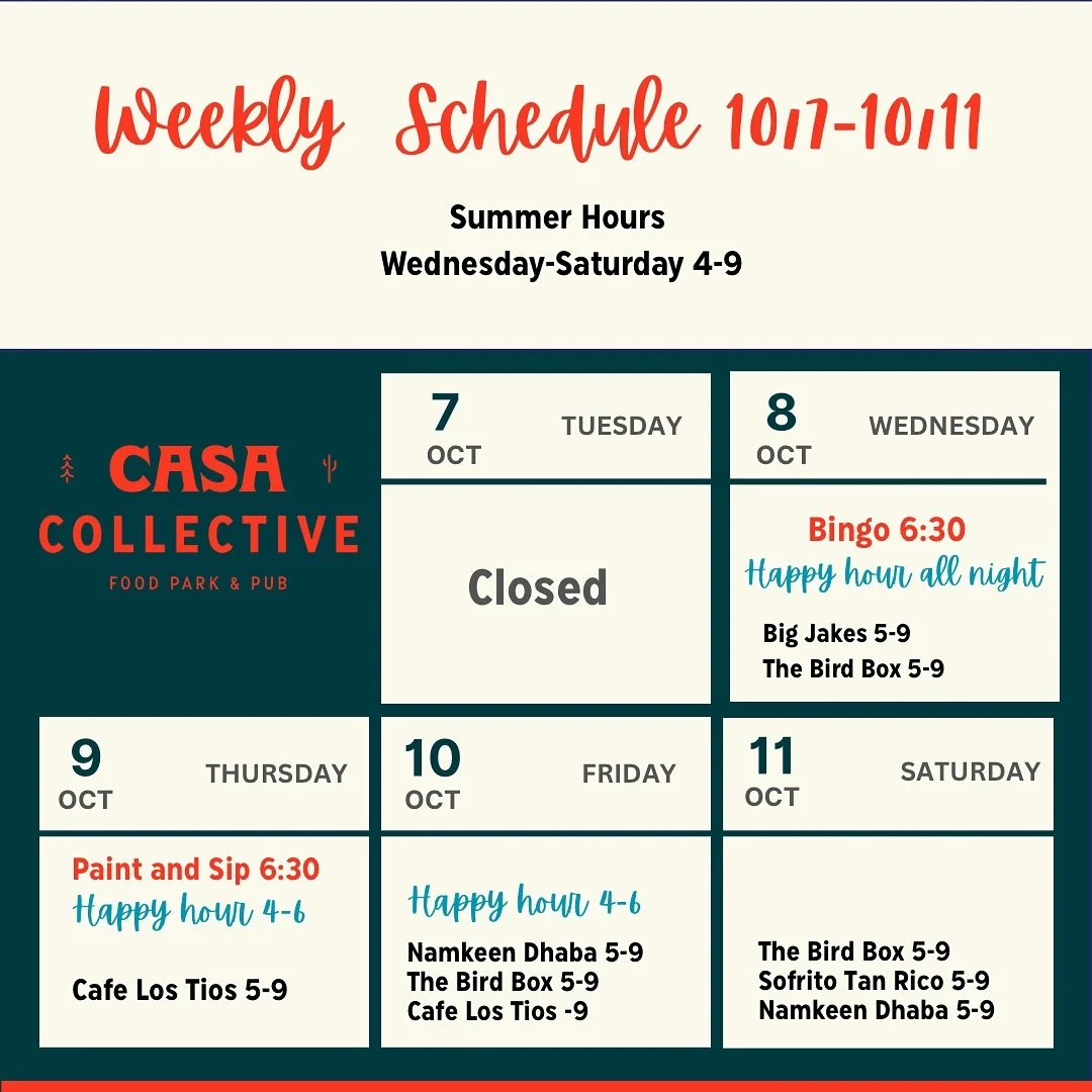 Here is this week&rsquo;s food truck schedule!!

#foodtrucks #casagrandeaz #foodpark