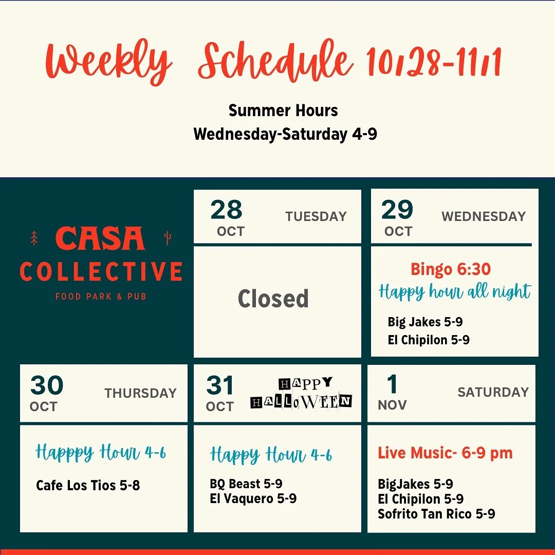 Here is our Food Truck schedule for this week. Don’t forget we have bingo on Wednesday nights and we are throwing a Halloween bash on Friday this week. 👻