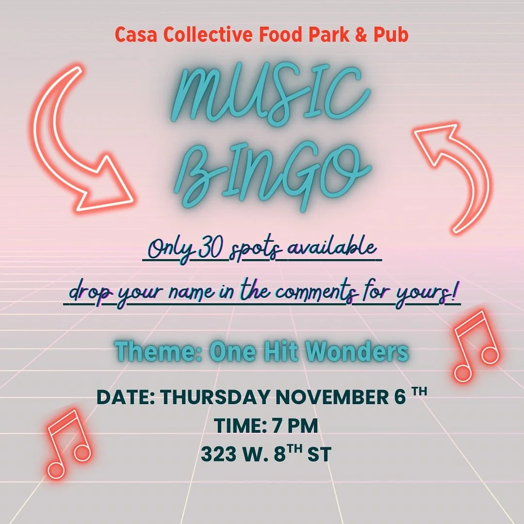 ‼️ LIMITED SPACE ‼️
We only have 30 spots available, drop 
your name in the comments or DM us for a spot🎤
Join us for our First-Ever Music Bingo on November 6th at 7 PM.
The theme is One-Hit Wonders! Can you name that tune before anyone else?
Co