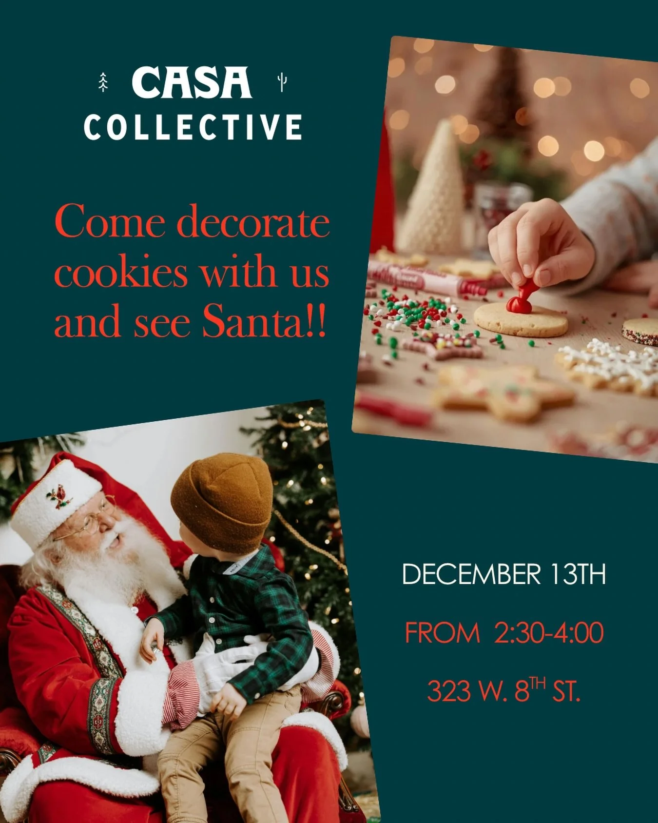 Who is coming to see Santa?!?!

Get your Santa pic on! 🎅 Join us at Casa Collective on Saturday, December 13th, from 2:30 PM - 4:00 PM for photos with the big man and some festive cookie decorating!

Food trucks Sat are @bigjakesdogs @thebirdboxaz @