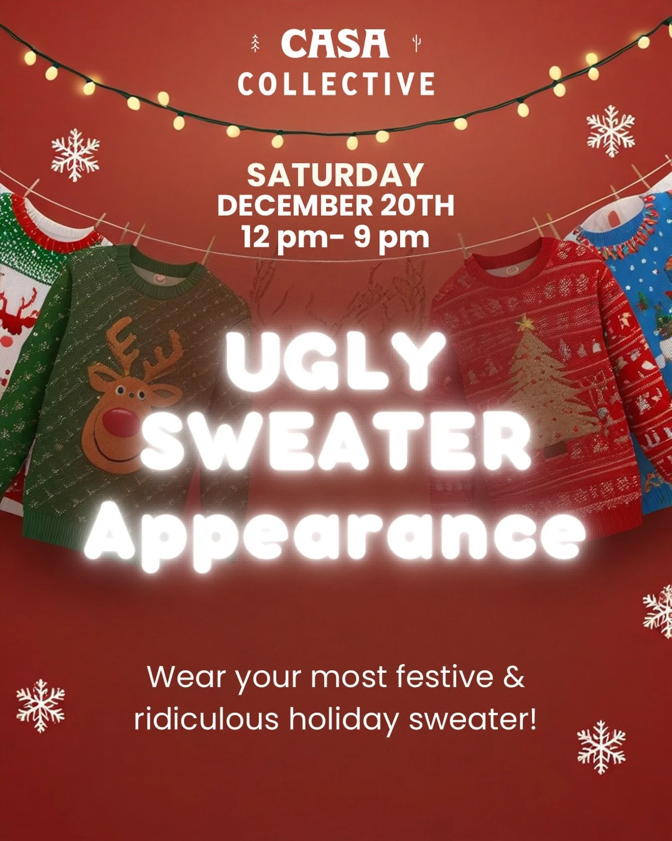 🎅 It&rsquo;s official: Ugly Sweater Day is ON! 🤢

Who&rsquo;s rocking their most hideously festive threads at the pub this Saturday, December 20th?
Wear your ugliest sweater and get a $5 item from the bar or food trucks! Let&rsquo;s get tacky! 🍻

