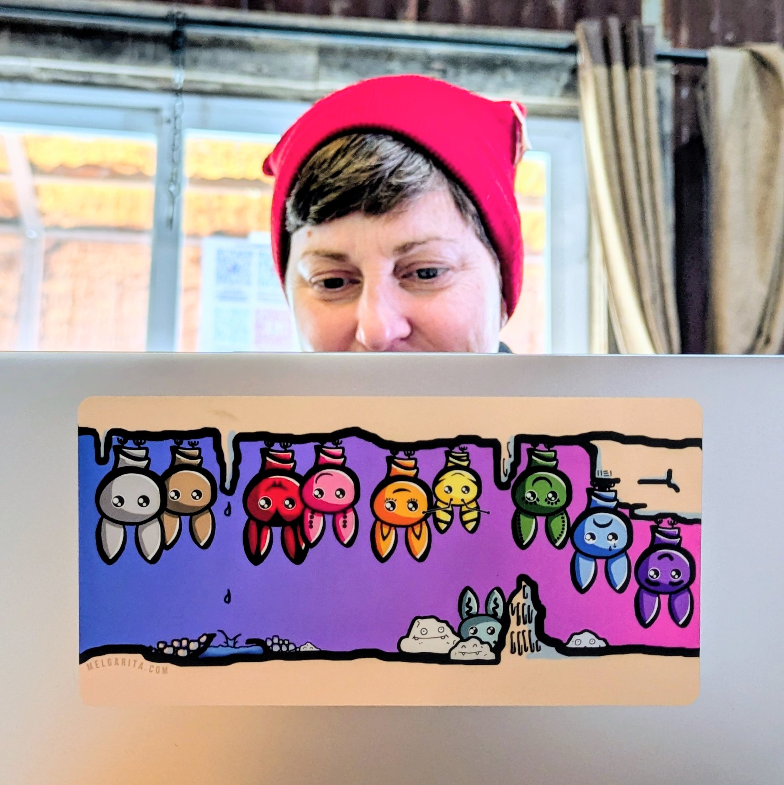 colorful bats bumper sticker on computer.jpg