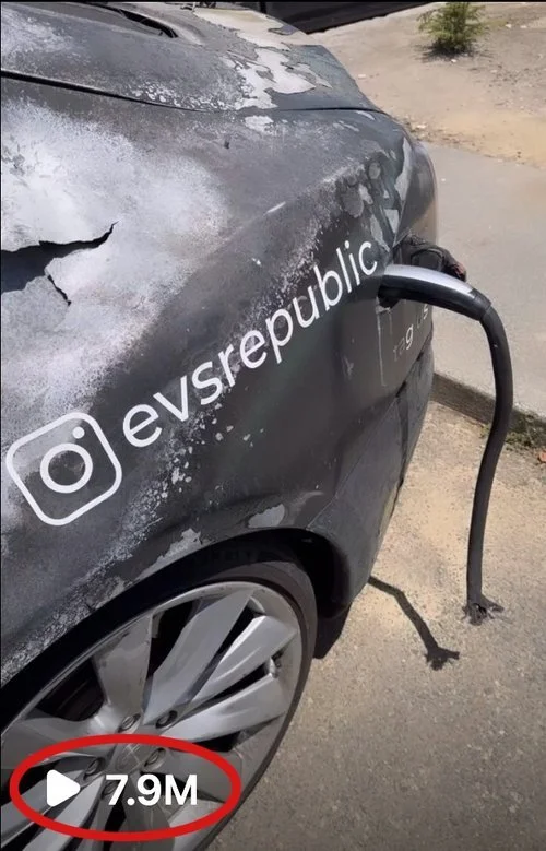 Electric car plugged into a charging station, with social media handle '@evsrepublic' and 7.9 million views.