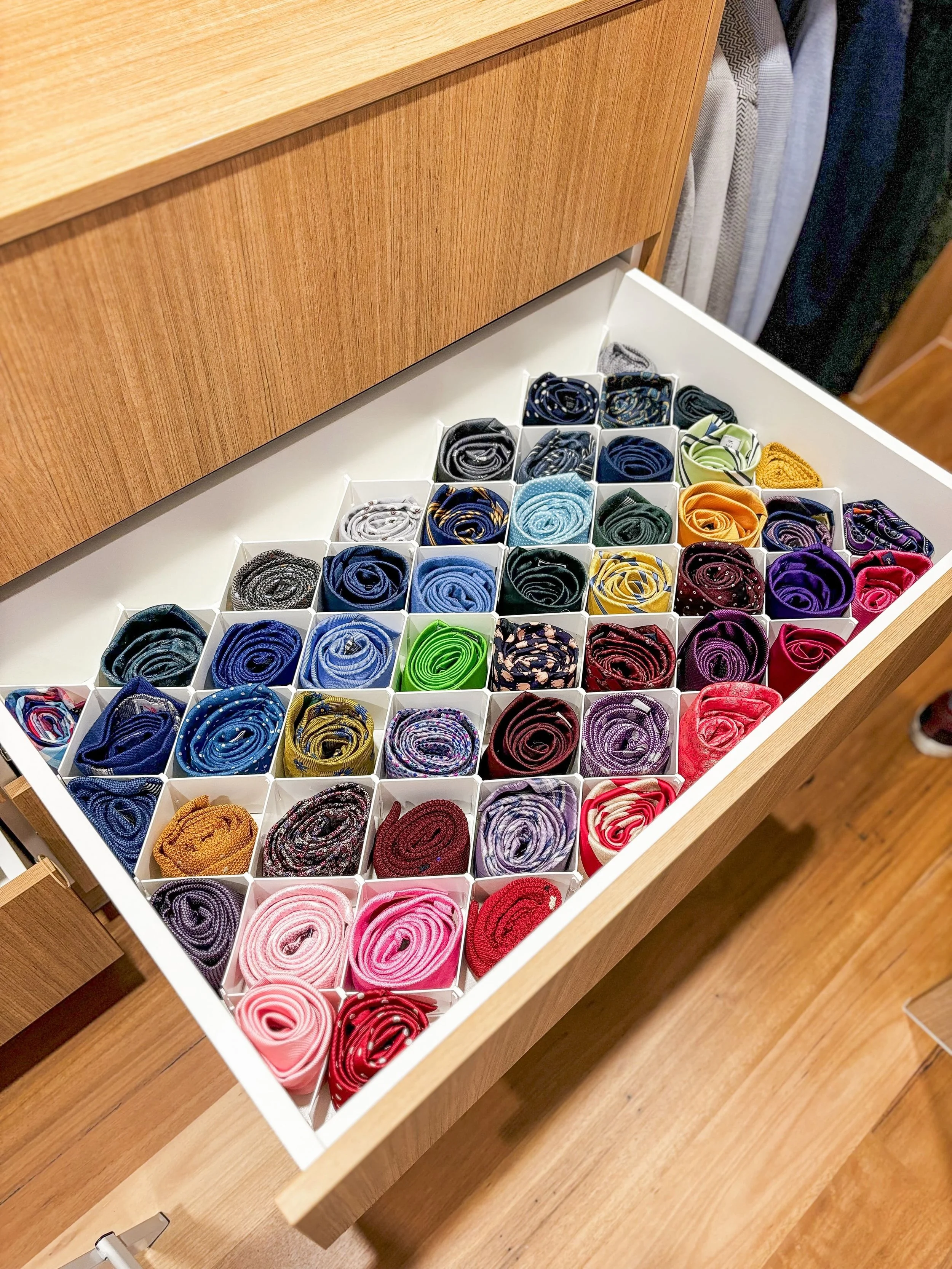 Aesthetic, colour-coded tie organised and styled by Victoria, from The Calming Zone professional organiser in Brisbane.