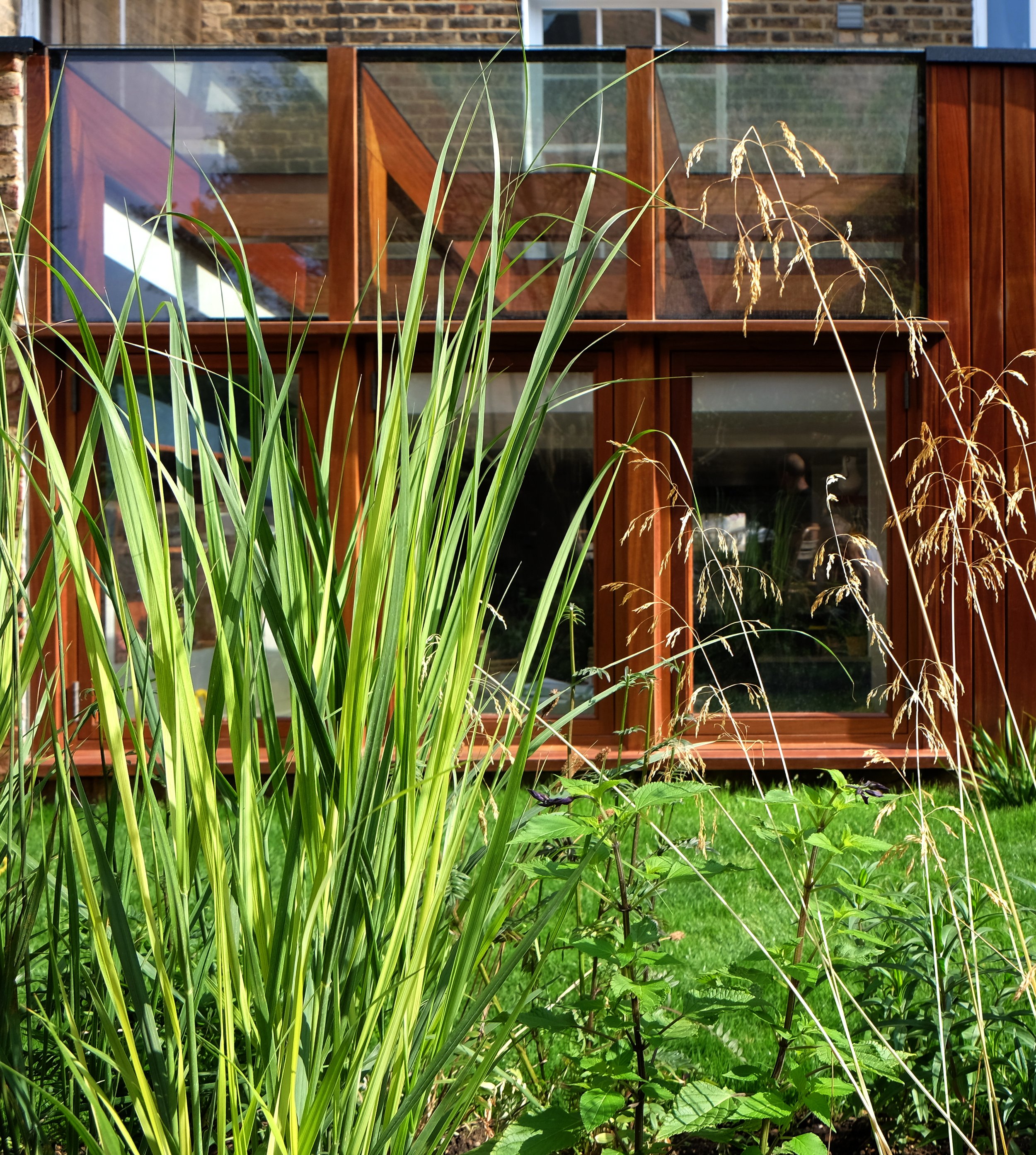Looking back towards the new extension by Office Sian Architects through grasses in the Dalston garden, Hannah Stanton Garden and Landscape Design, Hackney, East London