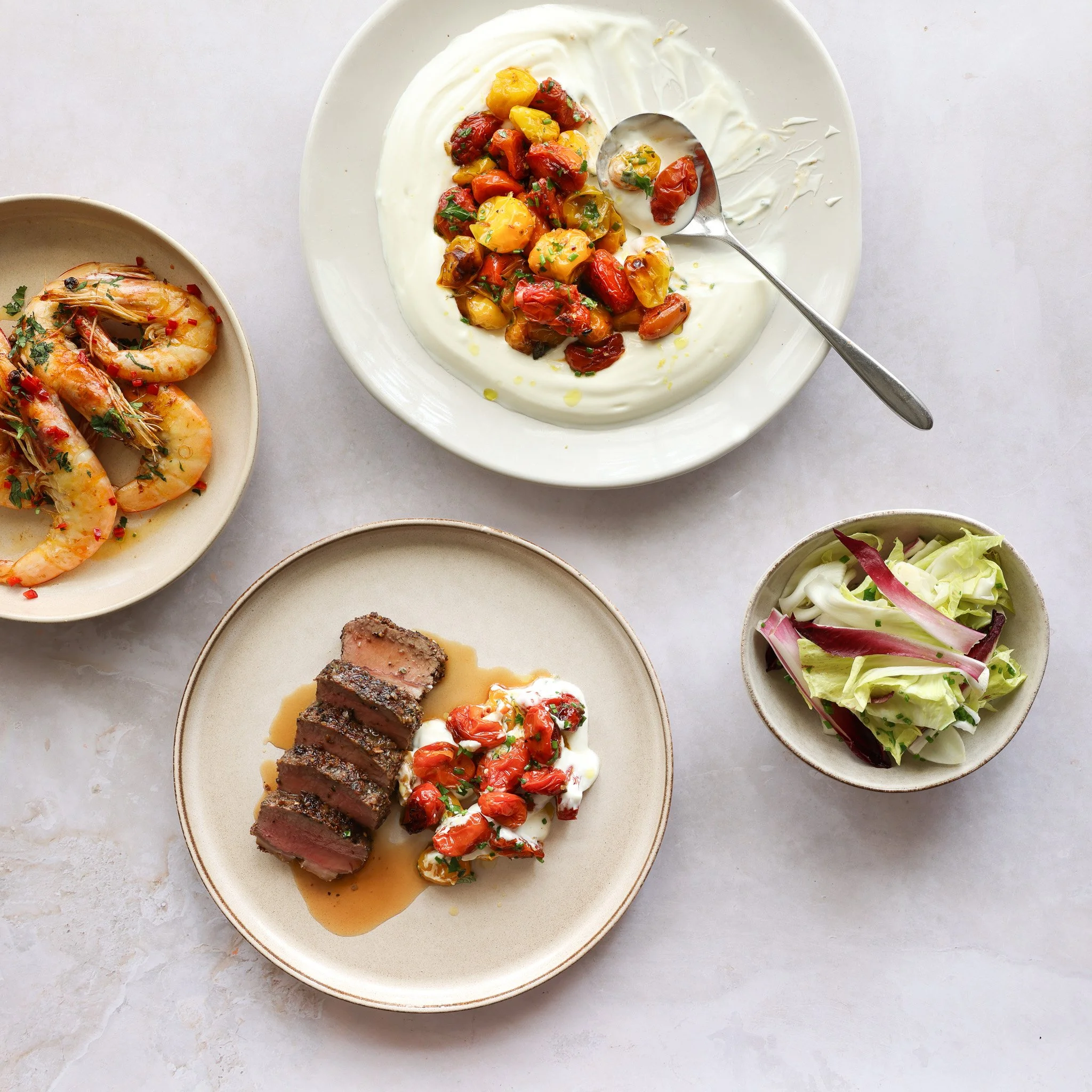 King prawns with garlic and Japanese wagyu beef fillet styled and photographed for UK brand Fine & Wild