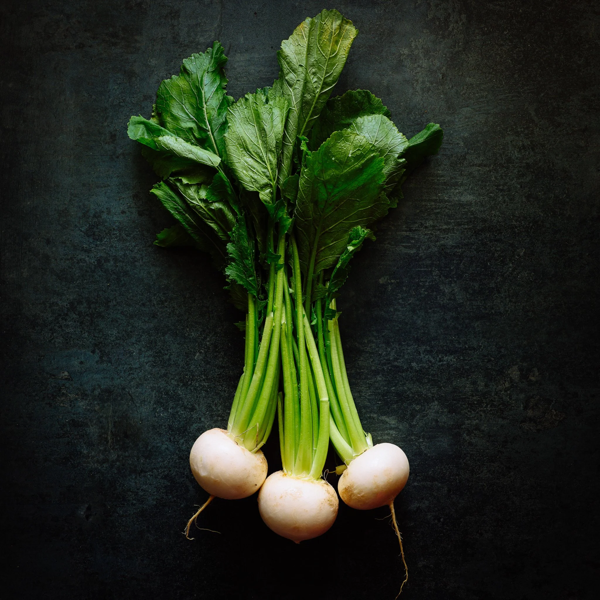 A bunch of beautiful baby turnips food photography for Fine & Wild, luxury UK food brand