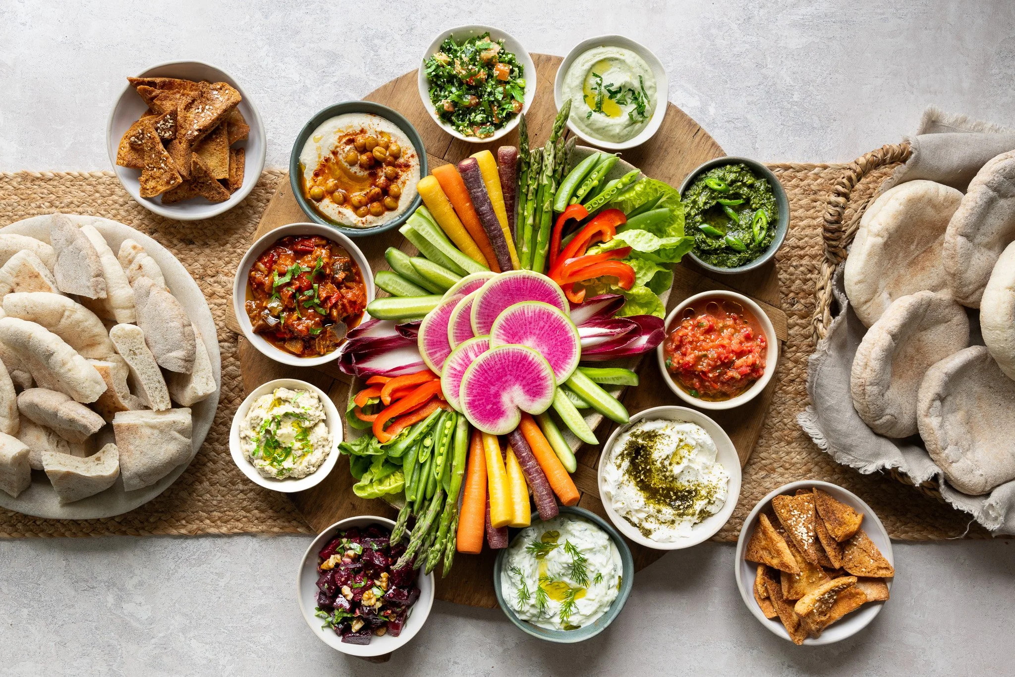Dip mezze with crudités, styled and photographed for Mamoosh UK food brand 