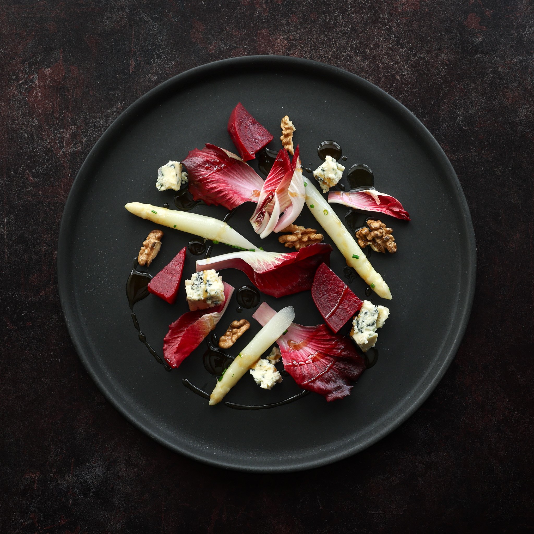 White asparagus and beetroot salad with blue cheese recipe development and food content creation for food brand Fine & Wild