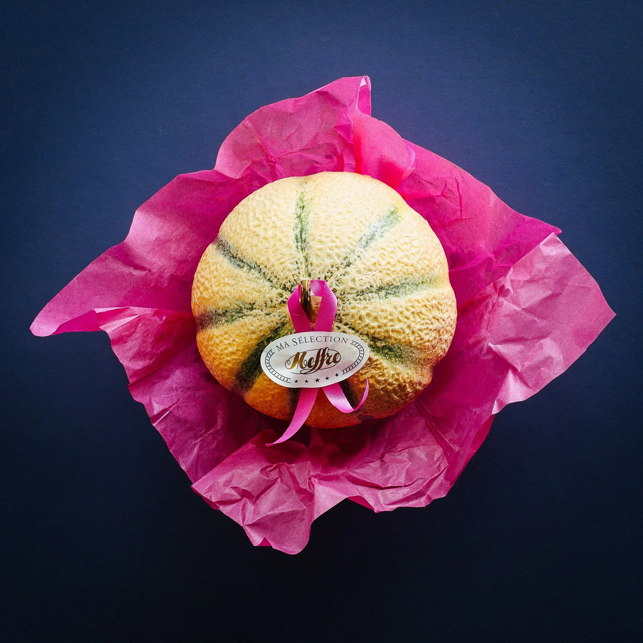 A melon on pink and blue background styled and photographed for Fine & Wild