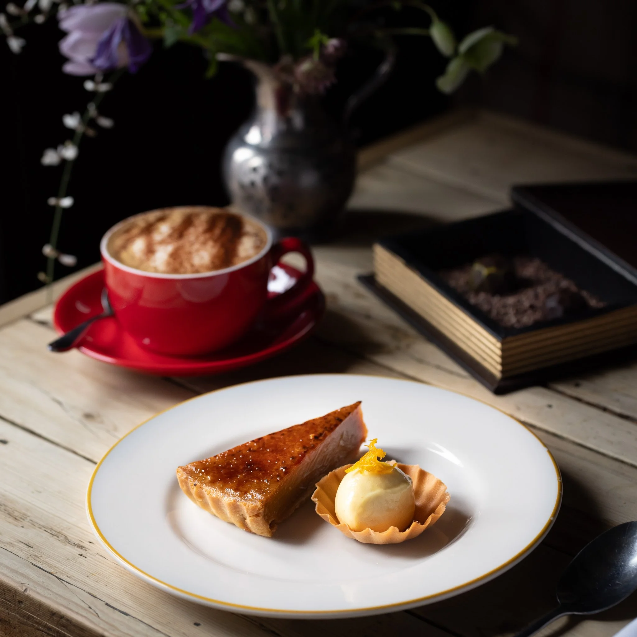 Tart with ice cream and coffee dessert photographed for restaurant The Bell, East Sussex