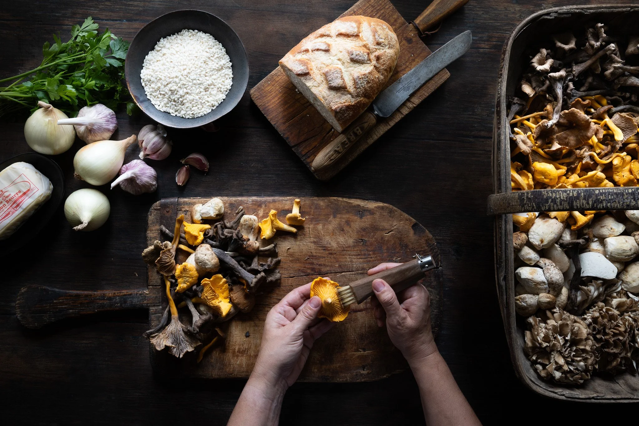 Preparing a basket of wild mushrooms, lifestyle photography for Fine & Wild 