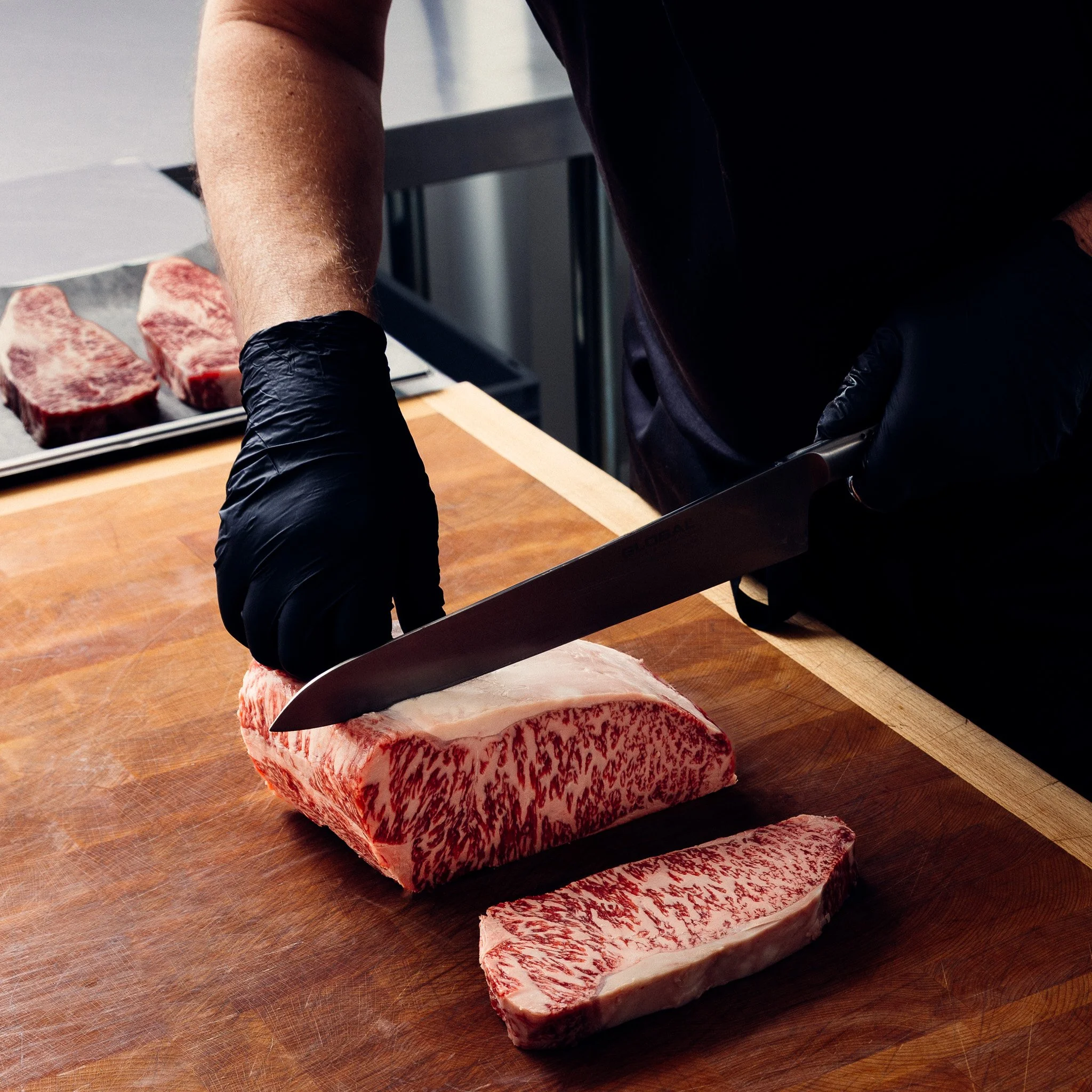 Wagyu sirloin sliced, photographed for Fine & Wild UK brand