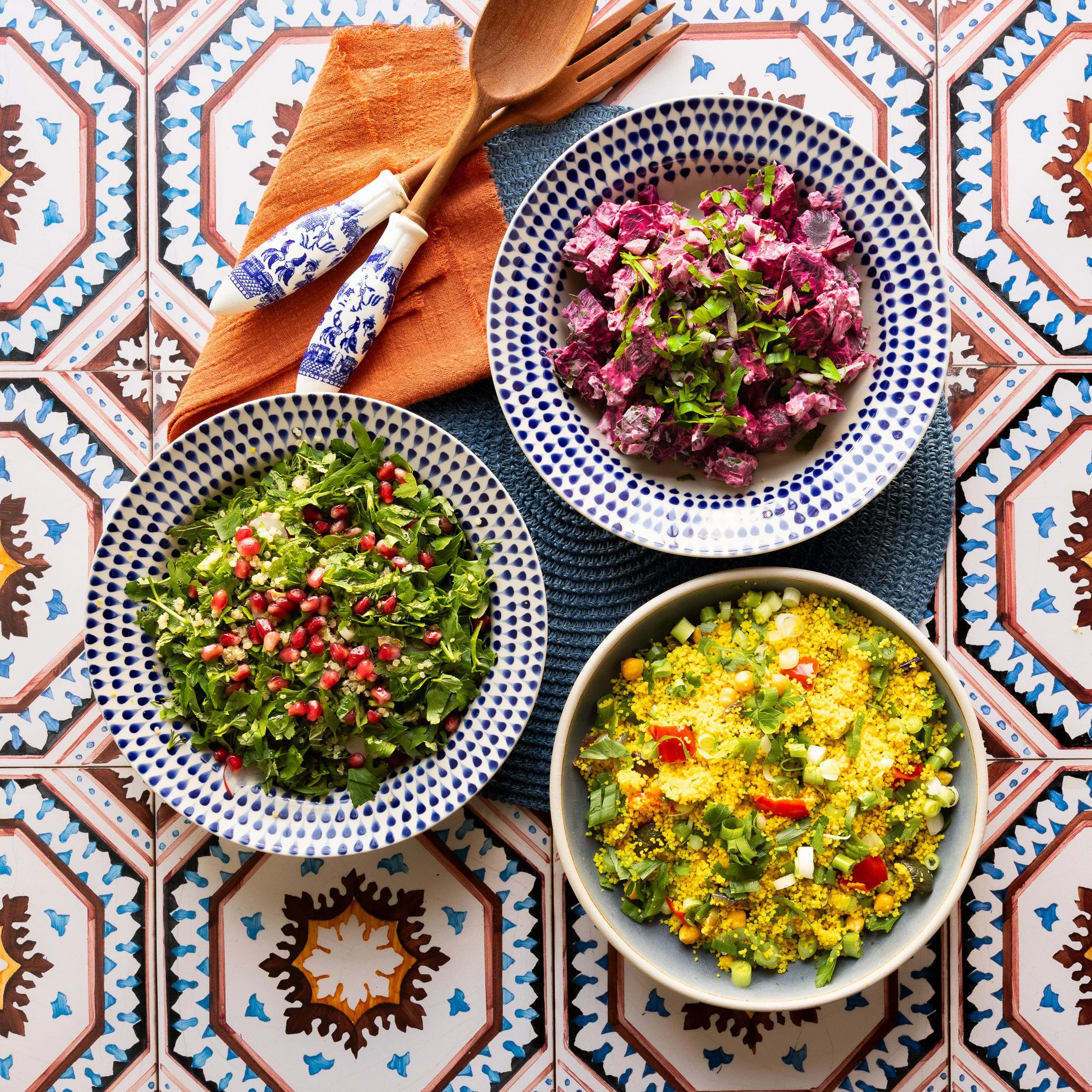 Three buffet salads, tabouleh, beetroot and couscous styled and photographed for Mamoosh UK brand  