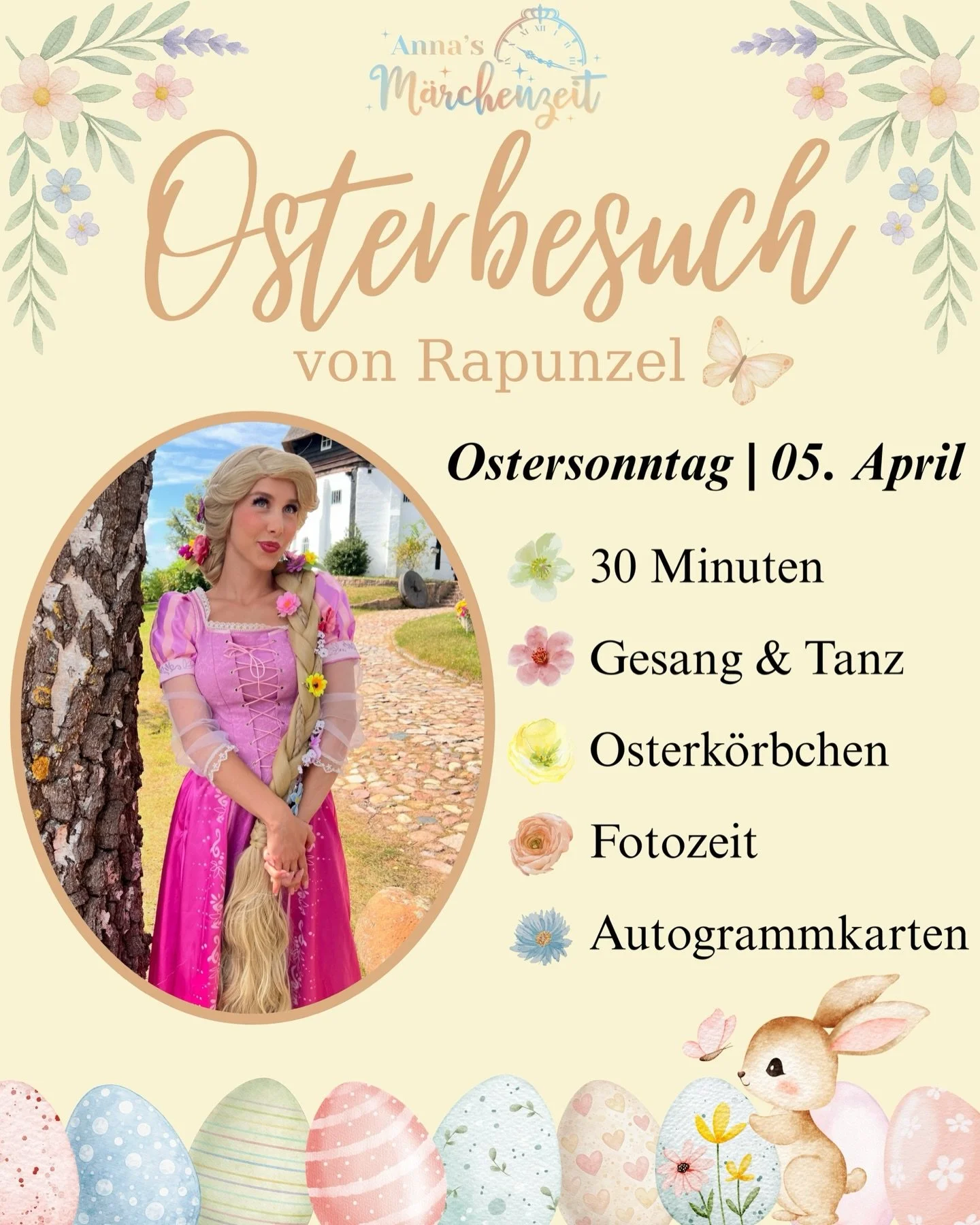 Rapunzels Osterbesuche 🌸🌷🌼

Ladet unsere Prinzessin zu Ostern ein und erlebt ein echtes Highlight inklusive Osterk&ouml;rbchen, Tanz und ganz viel Spa&szlig; 🎉

Wann? ➡️ Ostersonntag, 05.04.26 zw. 11 und 17 Uhr
Wo? ➡️ bei euch zu Hause 

Preis: 8