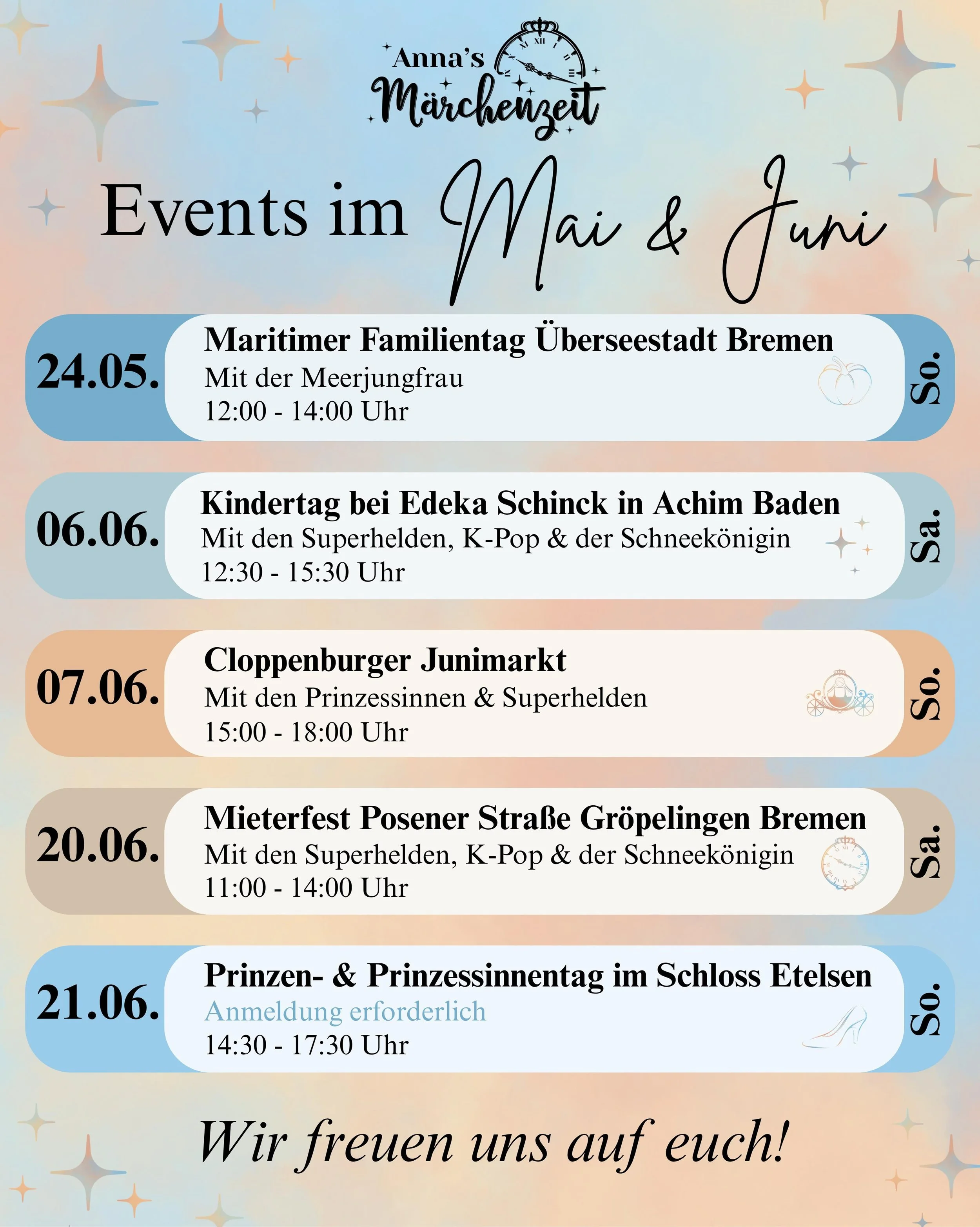 Auch in diesem Jahr k&ouml;nnt ihr unsere Charaktere auf etlichen Events antreffen 🥳

Wir freuen uns auf euch ✨

📞015223609289
💻www.annas-maerchenzeit.de 

#bremenevents #bremen #niedersachsen #kinderunterhaltung #kinderveranstaltung