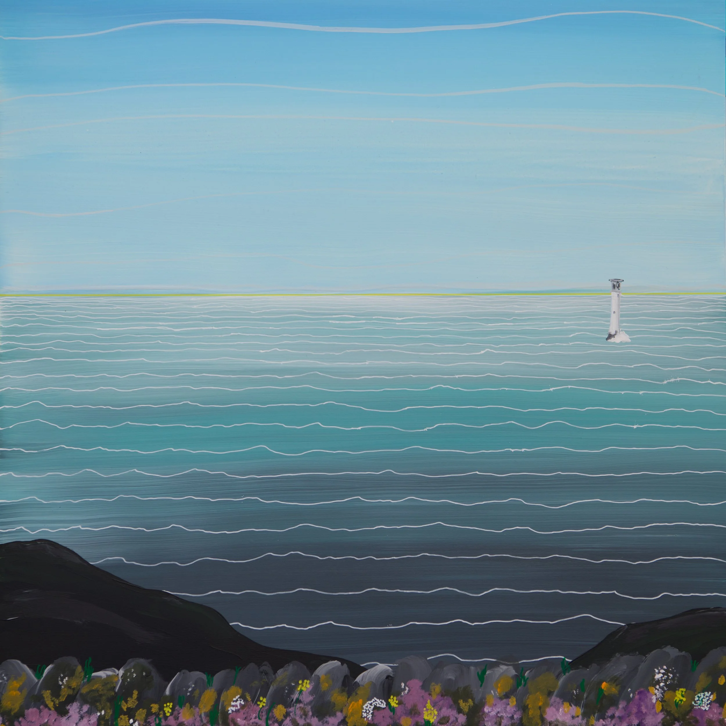 Painting of Wolf Rock lighthouse Cornwall with spring flowers