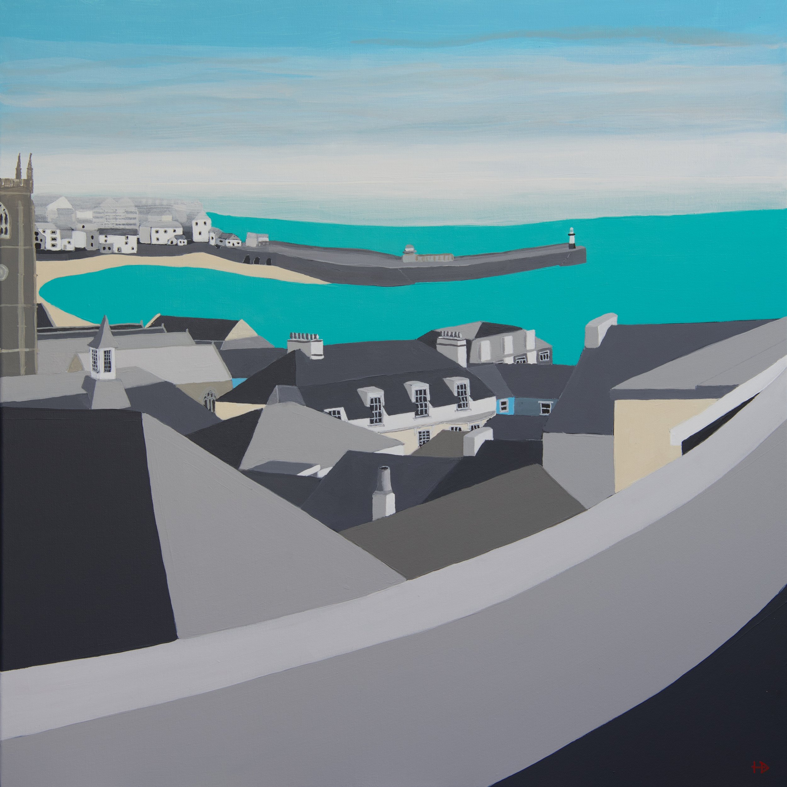 Painting of St Ives harbour Cornwall roofscape and sea