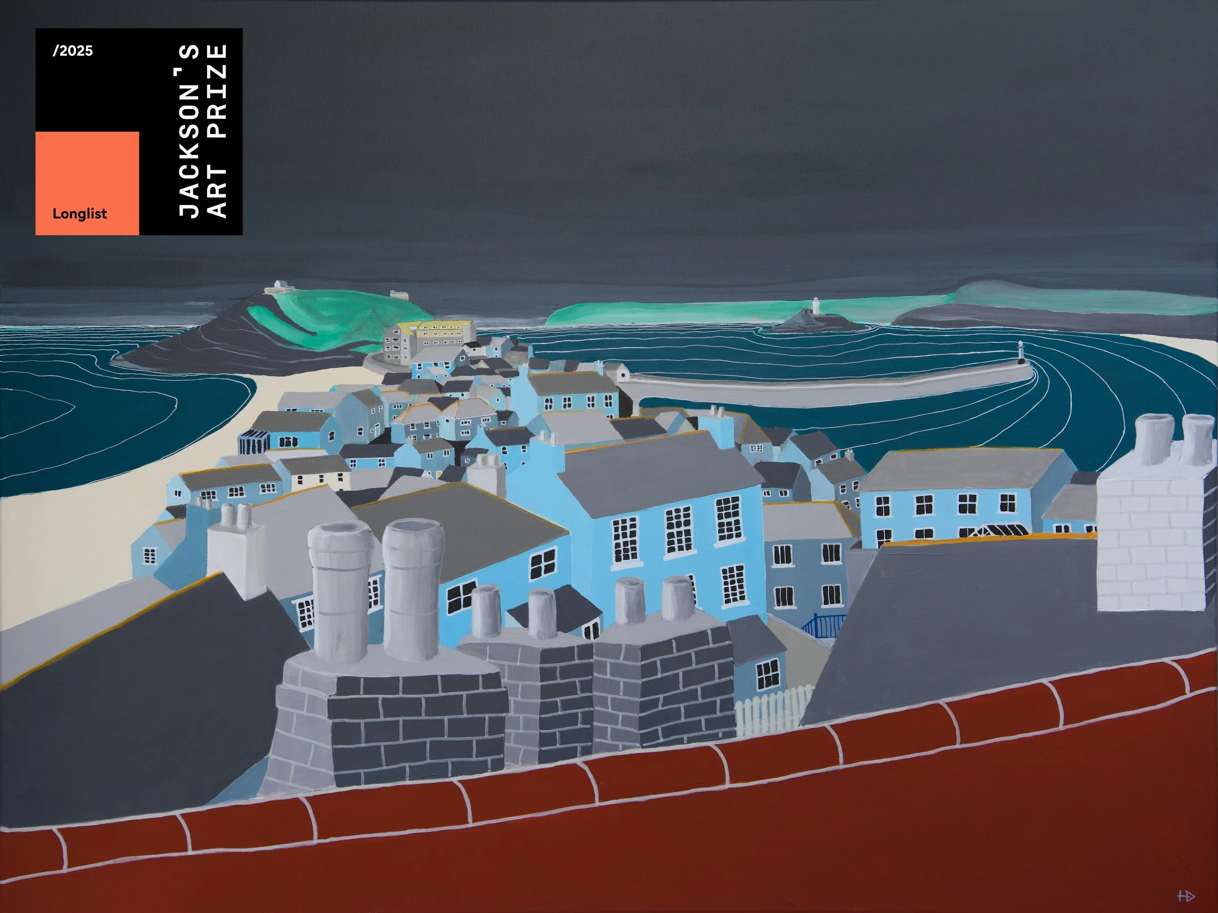 painting of the island at St Ives Cornwall with art prize logo