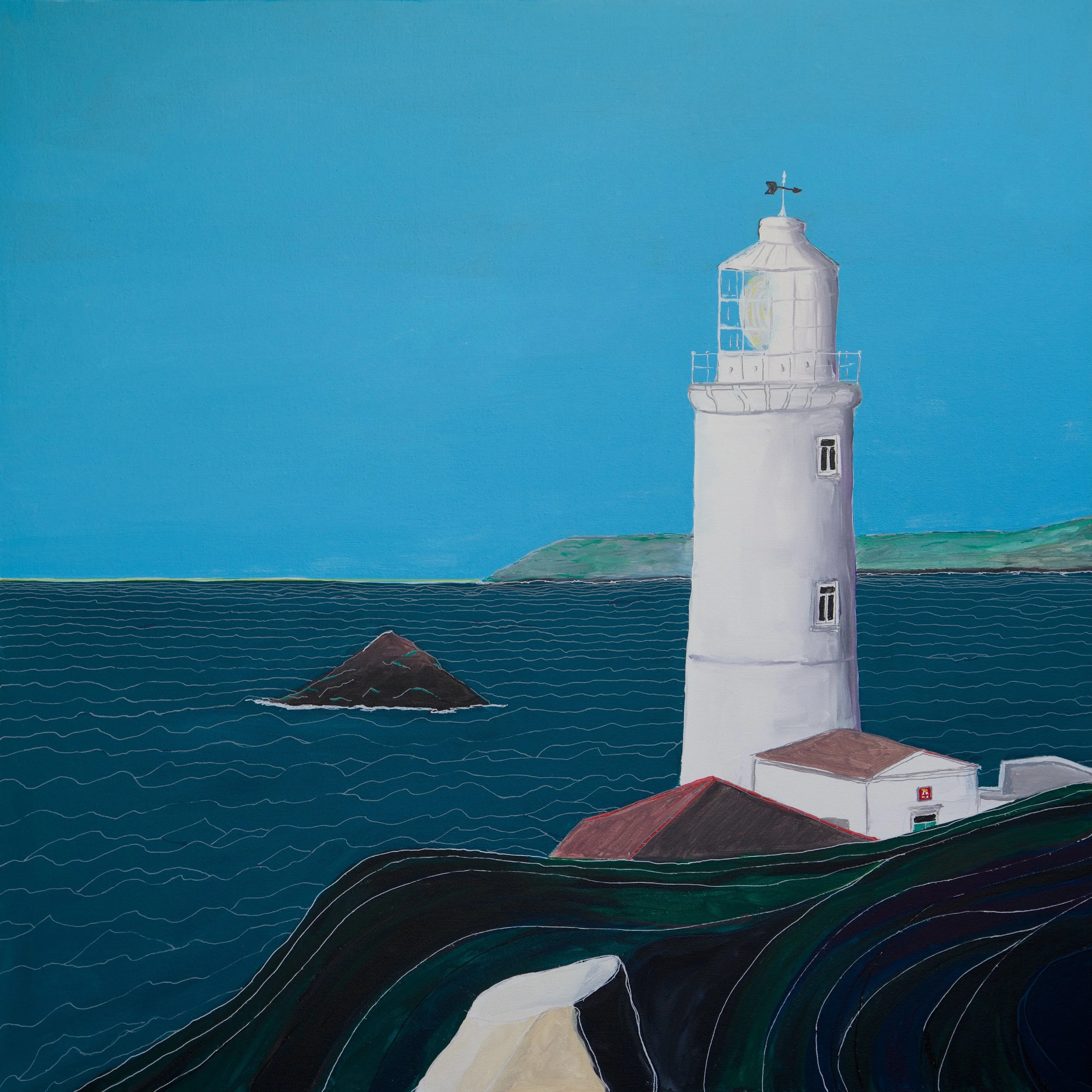 Painting of Trevose Head lighthouse and Cornish coast