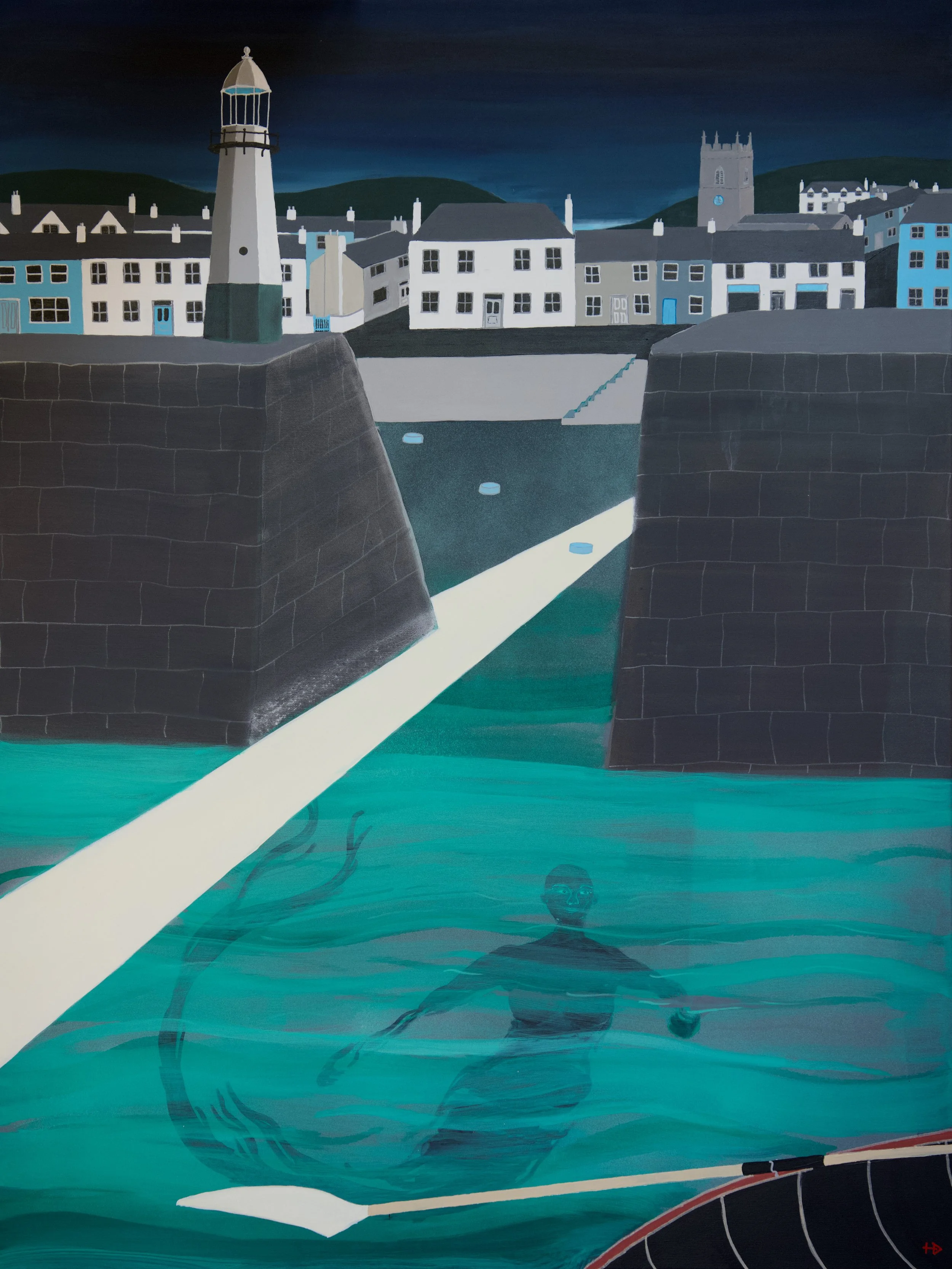 painting of a mermaid approaching a rowing boat outside a harbour
