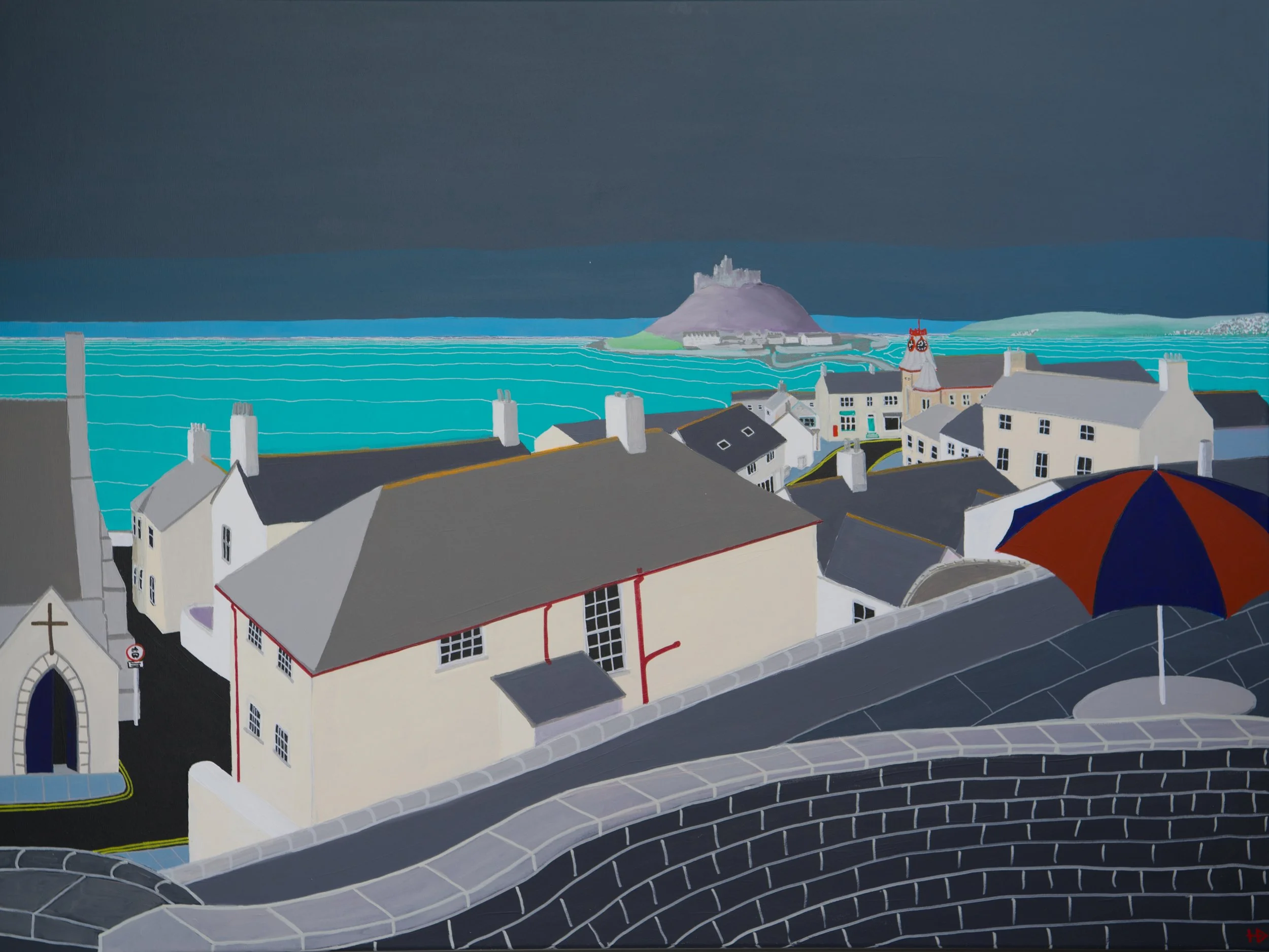 Painting of rooftops at Marazion Cornwall with a view of St Michael's Mount