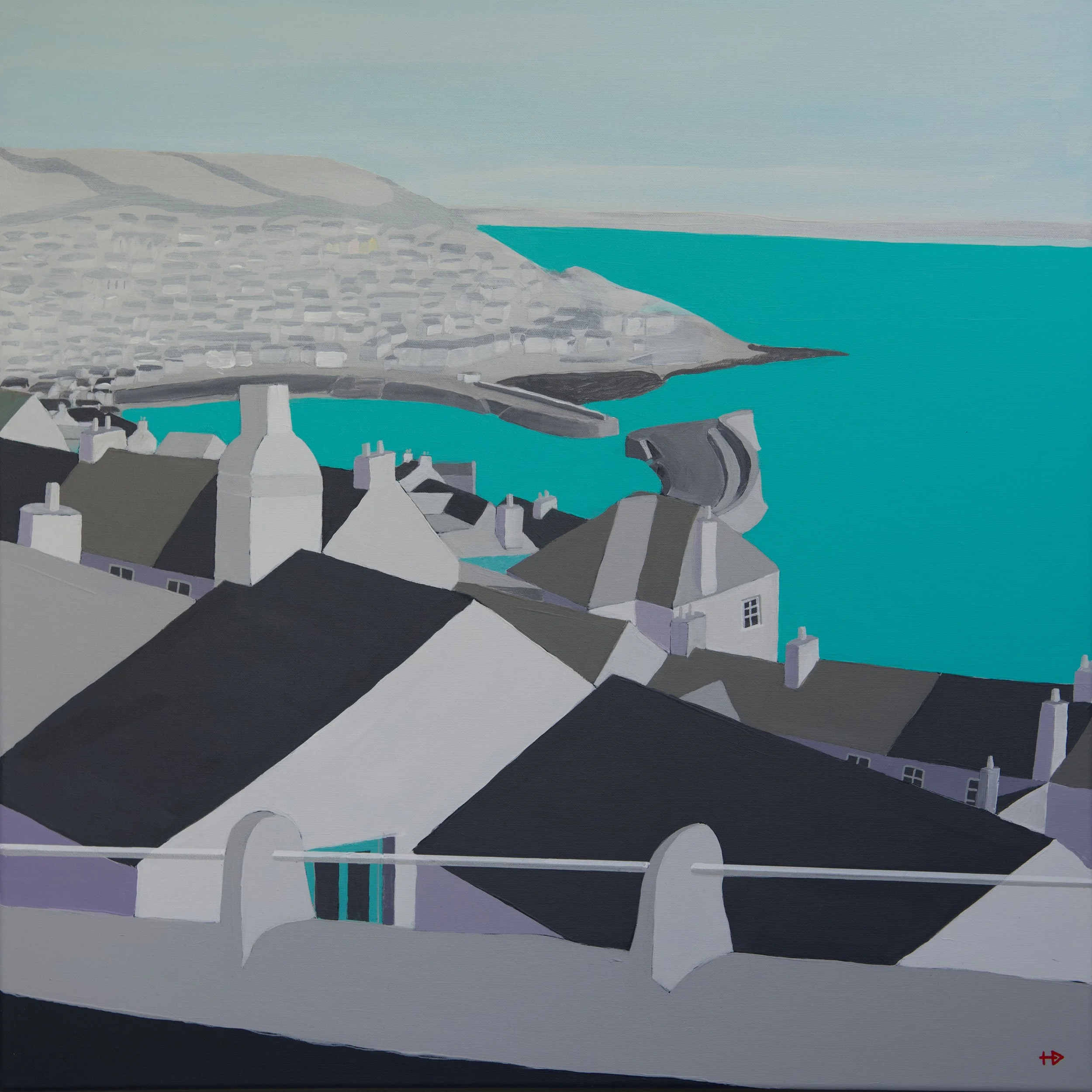 Painting of Mousehole harbour Cornwall abstracted roofscape and sea